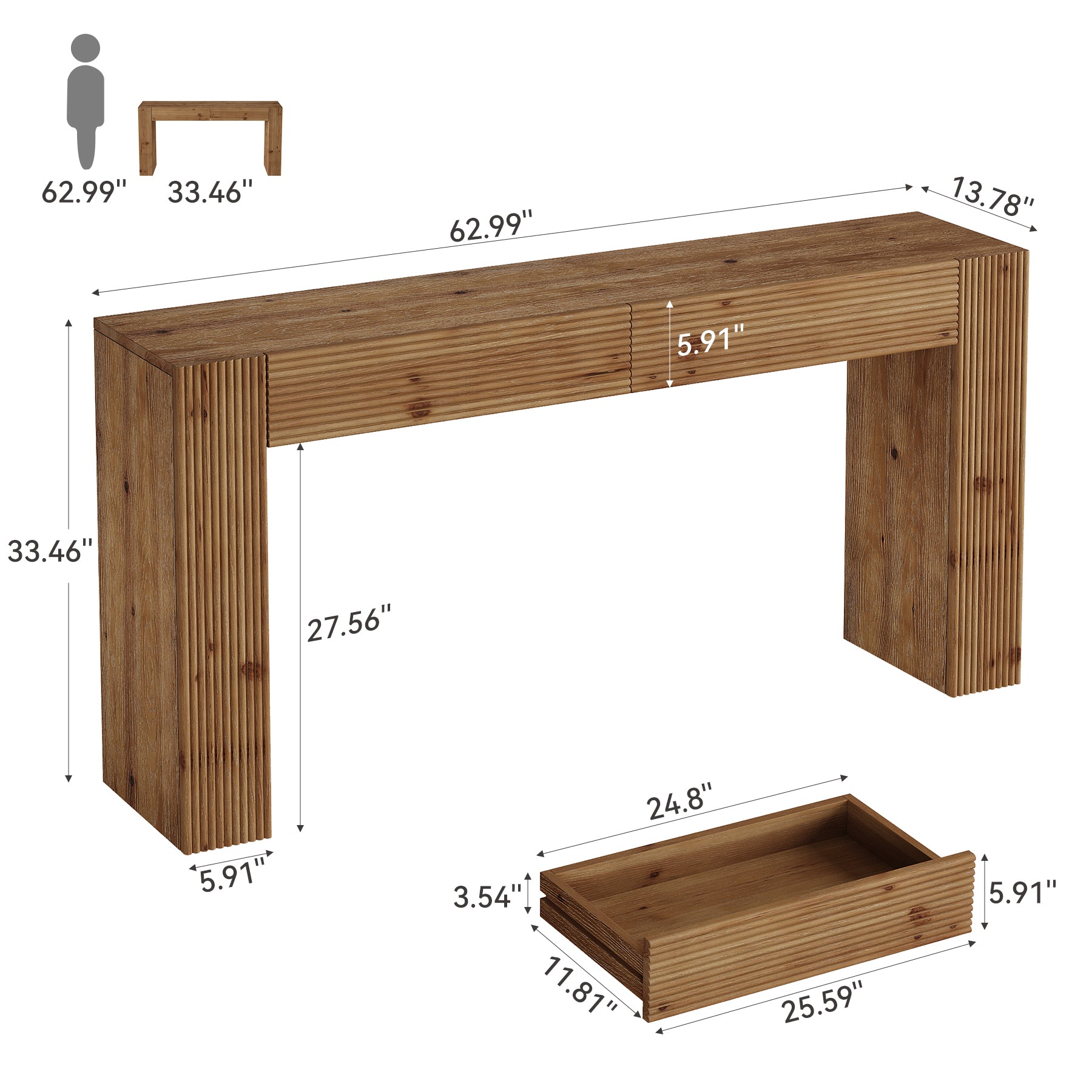 Tribesigns 63-Inch Solid Wood Console Table with 2 Drawers, Fluted Farmhouse Table for Hallway