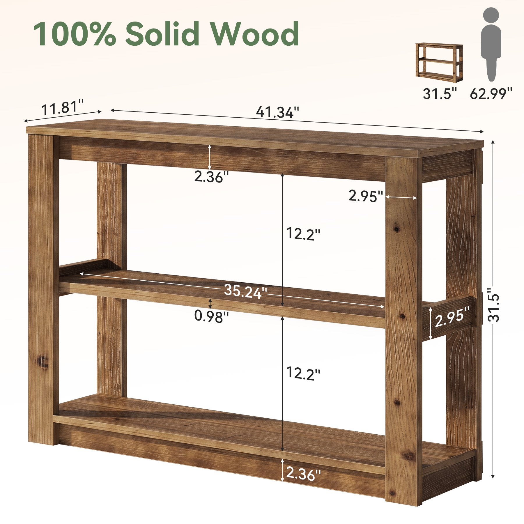 Tribesigns 41.3 Inch Solid Wood Console Table with 3-Tier Storage, Farmhouse Hallway Table