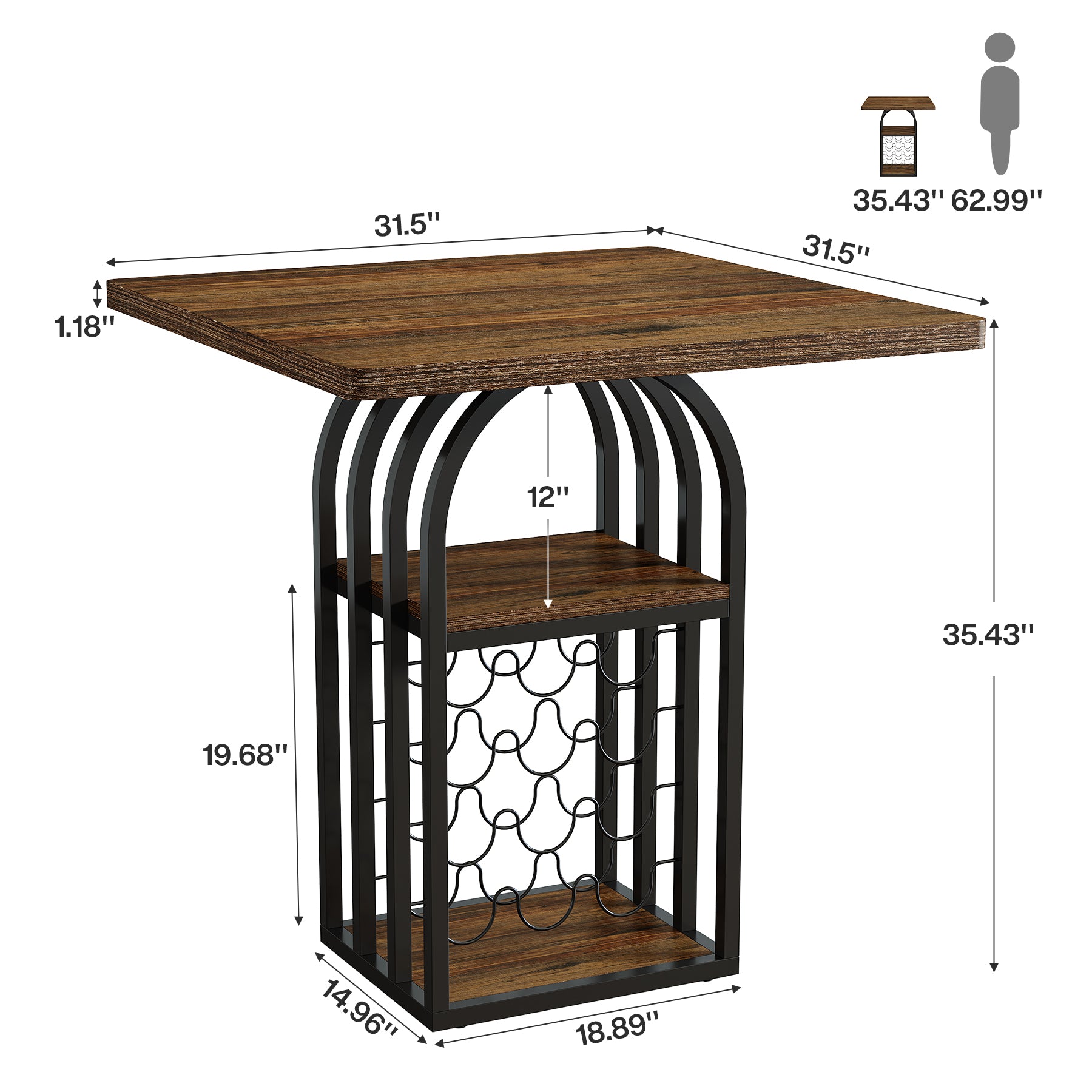 Tribesigns 35.43-Inch Square Bistro Pub Table with Wine Rack, Home Bar Table for Kitchen and Living Room