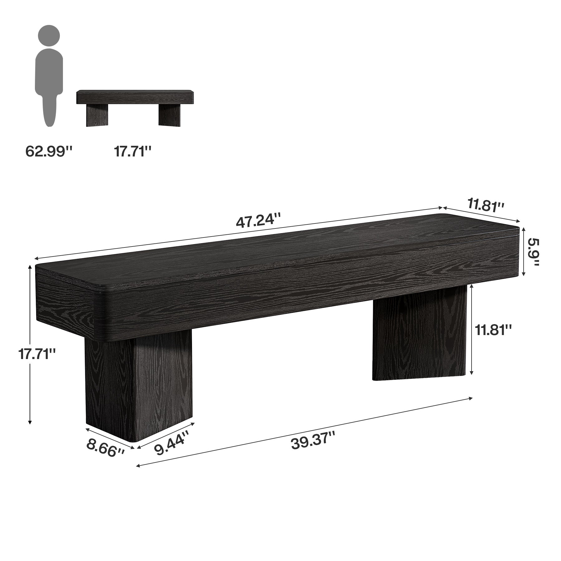 47.24-Inch Black Kitchen Table Bench with Rounded Edges, Modern Dining Bench for Dining Room