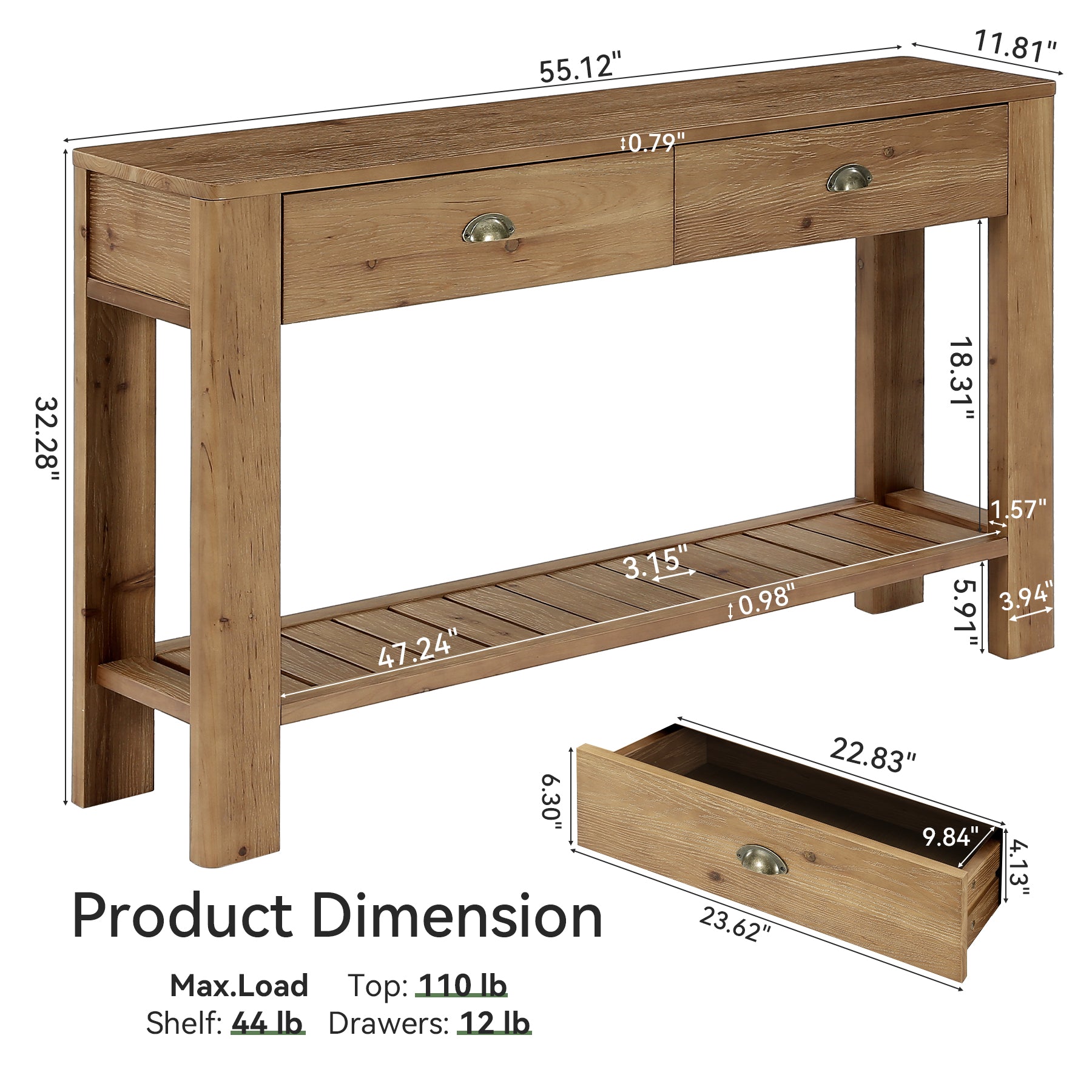 Tribesigns 55.12 Inch Solid Fir Wood Console Table with 2 Drawers, Narrow Hallway Table with Shelf
