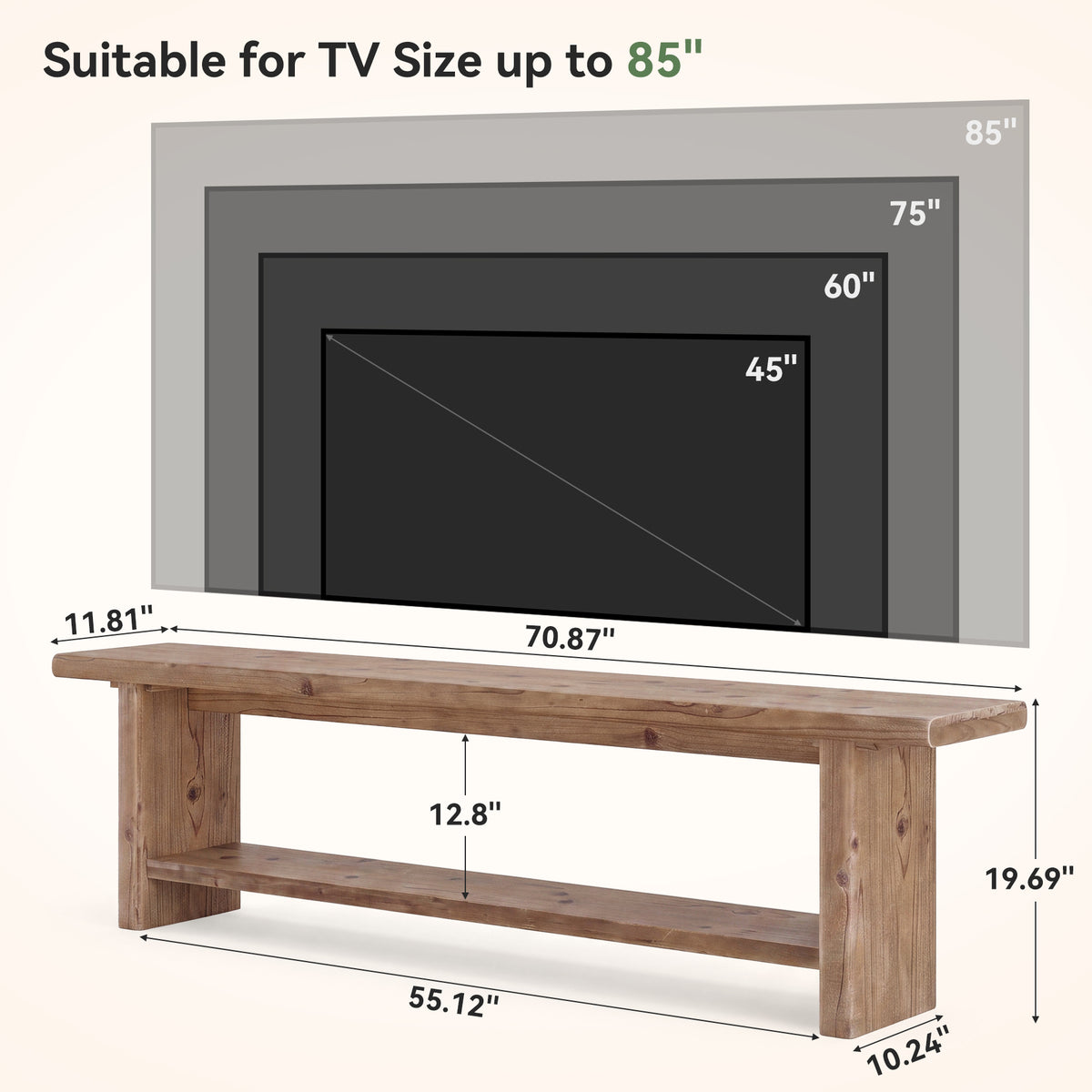 Tribesigns 71 Inch Solid Wood TV Stand with 2-Tier Storage and Farmhouse Design, Media Console for 55-85 Inch TVs