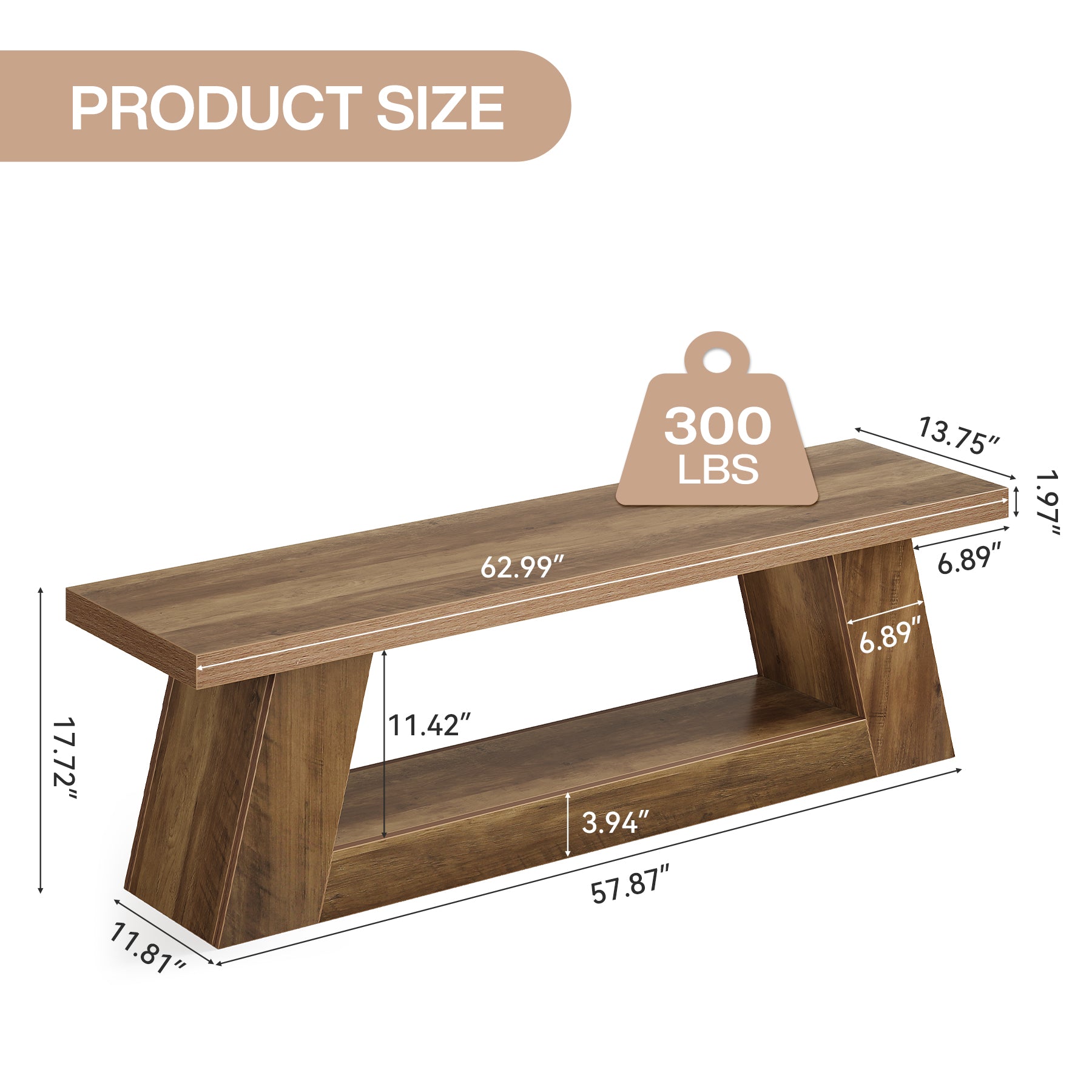 63" Wooden Entryway Bench with 2-Tier Storage, Rustic Long Bench for Hallway Living Room Bedroom