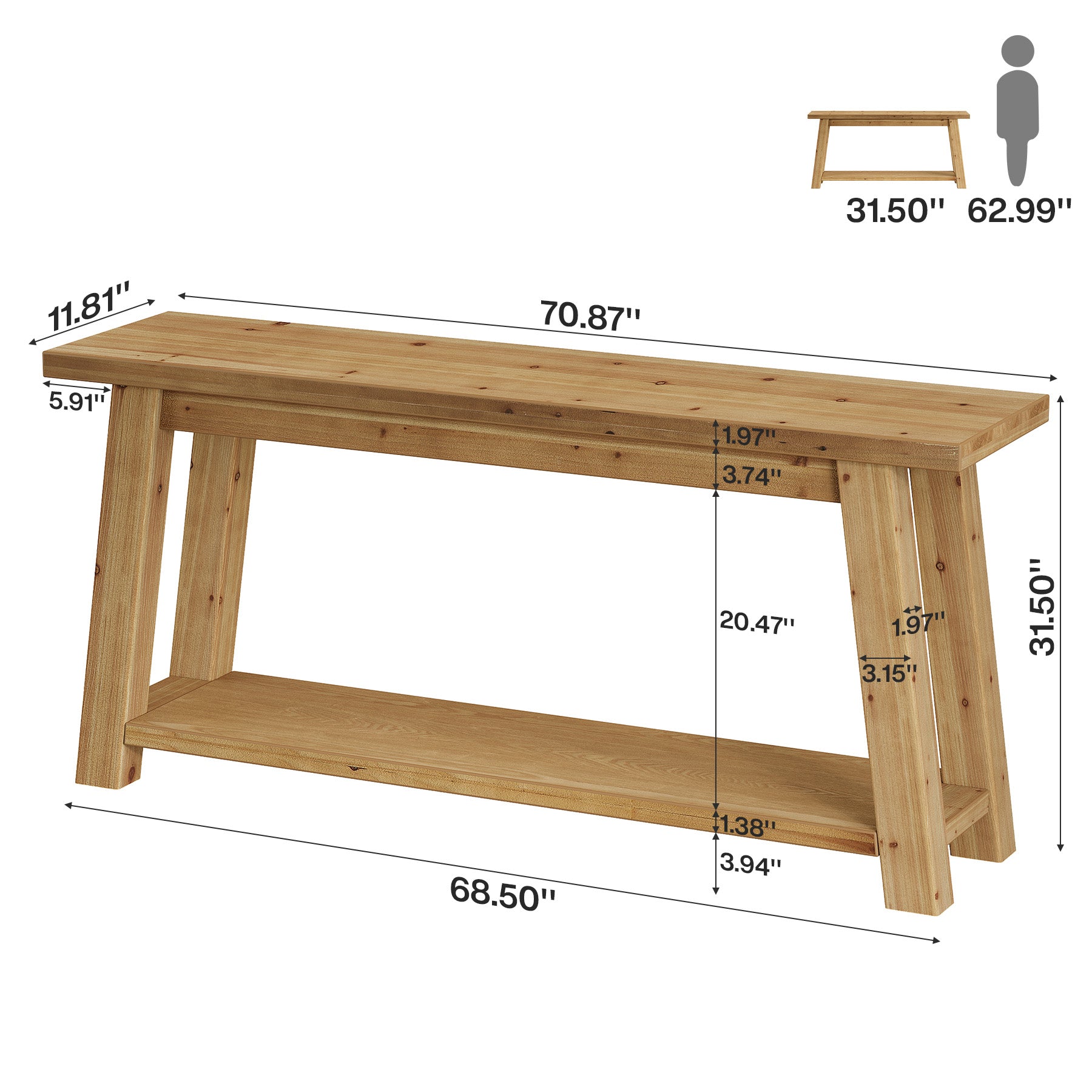 70.9-Inch Solid Wood Console Table with 2-Tier Storage Shelf, Farmhouse Entryway Table for Living Room and Hallway