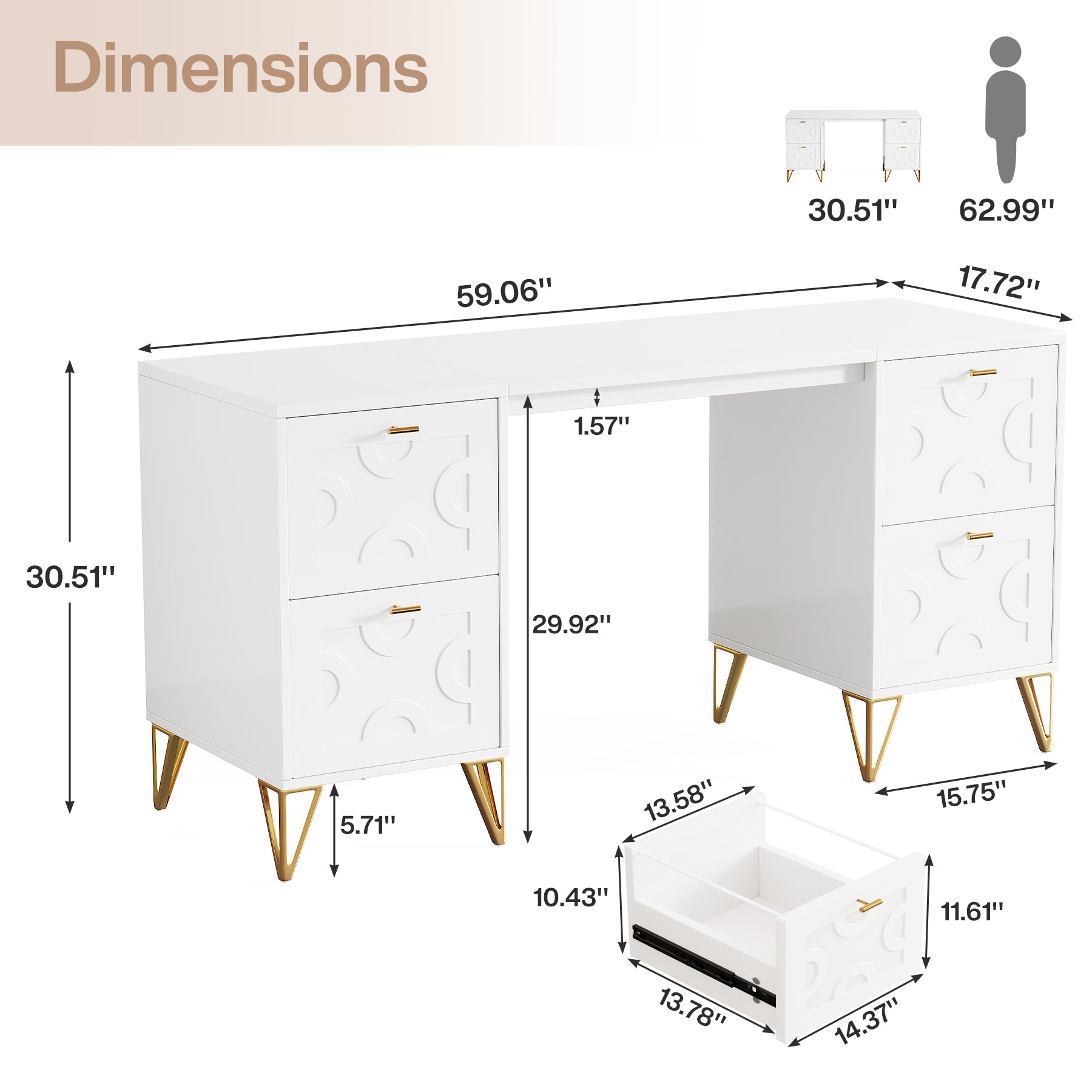 59-Inch Office Desk with Drawers, Modern White Computer Desk with Gold Legs for Home Workspace