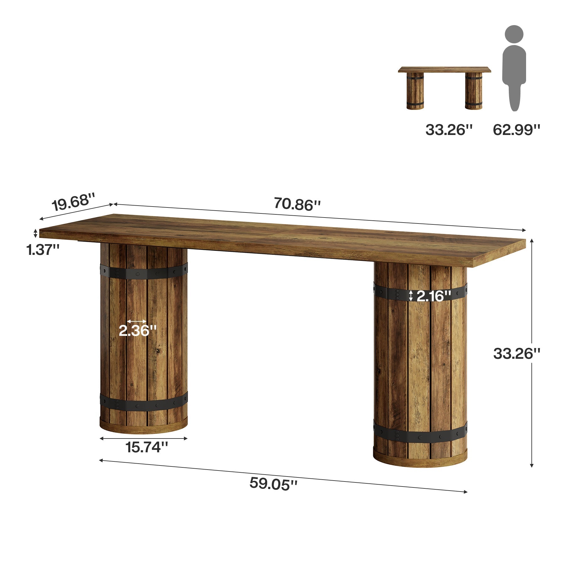 70.9-Inch Long Bar Table with Slatted Base, Rectangular Counter Height Pub Table