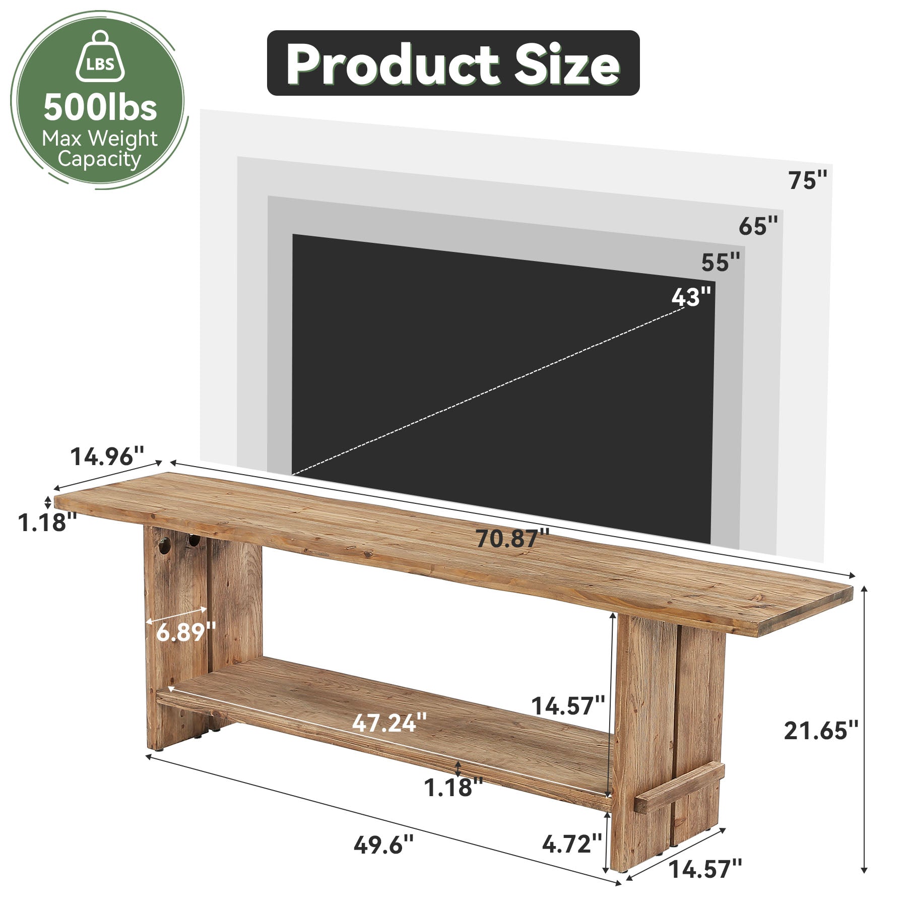 Tribesigns 71 Inch Solid Wood TV Stand with 2-Tier Storage, Media Console for 55 to 85 Inch TVs