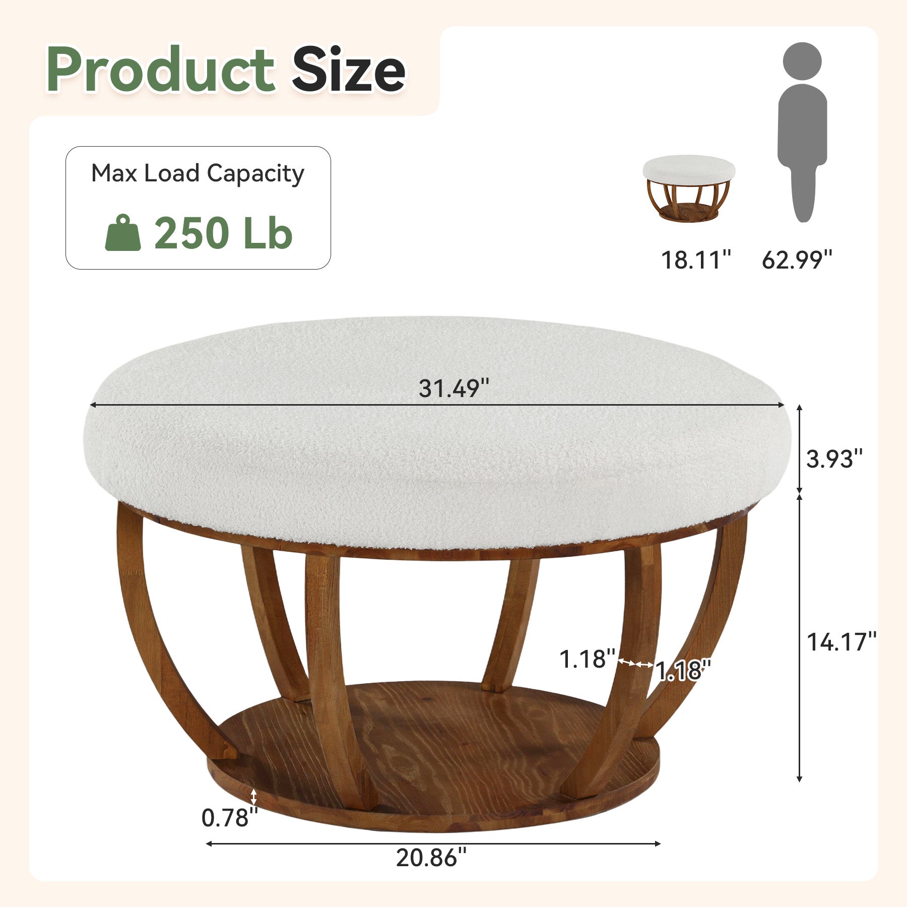 31.5-Inch Round Ottoman Coffee Table, Upholstered Storage Footrest Table