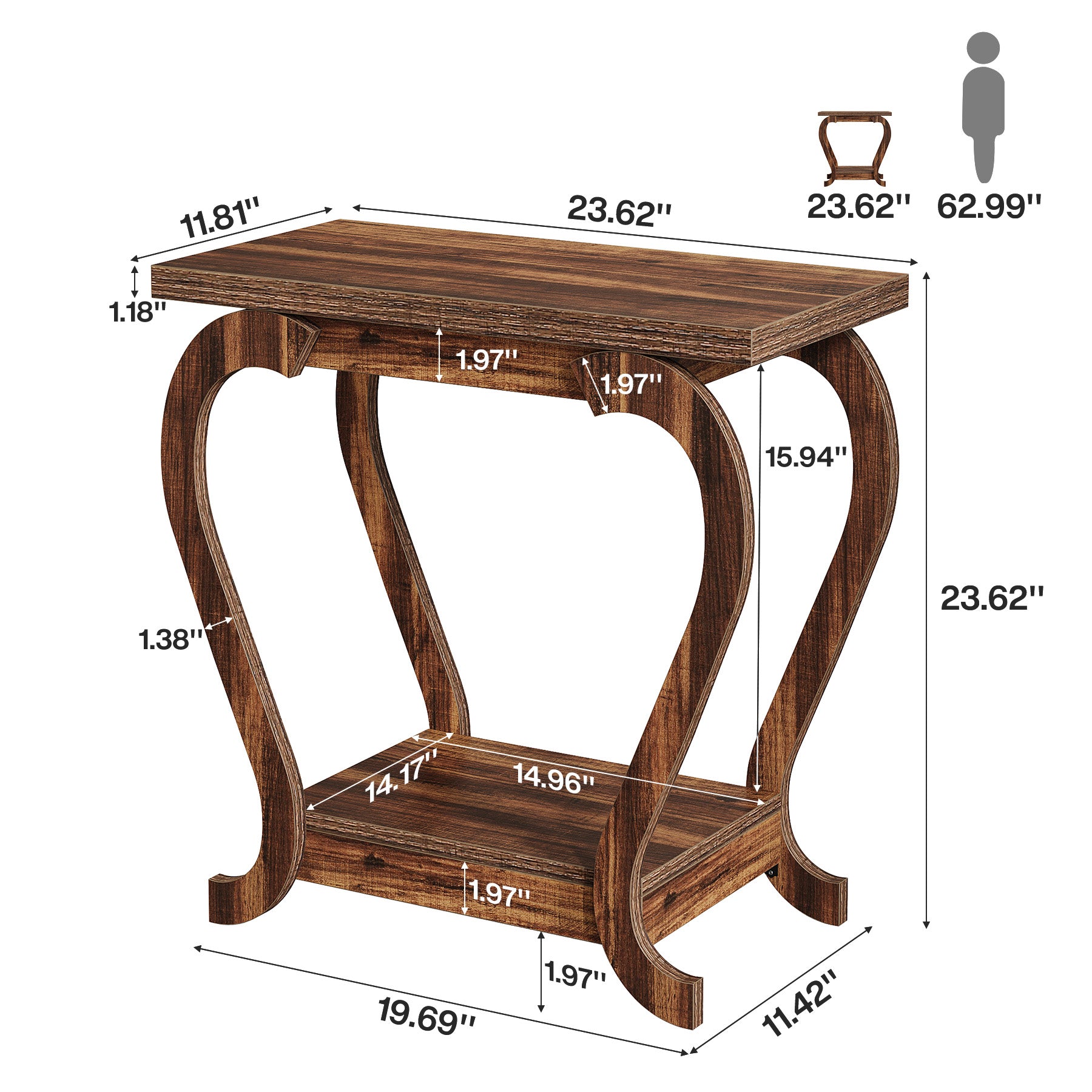 Brown Wooden End Table, 23.62 Inch 2-Tier Side Table for Small Spaces