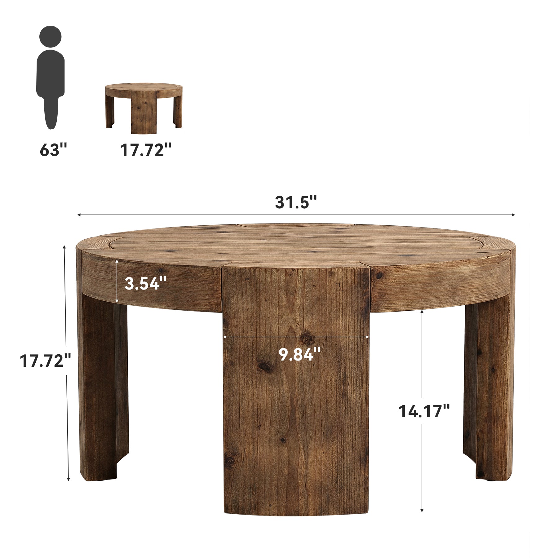 31.5 Inch Solid Wood Round Coffee Table with Integrated Tabletop, Farmhouse Center Table for Living Room