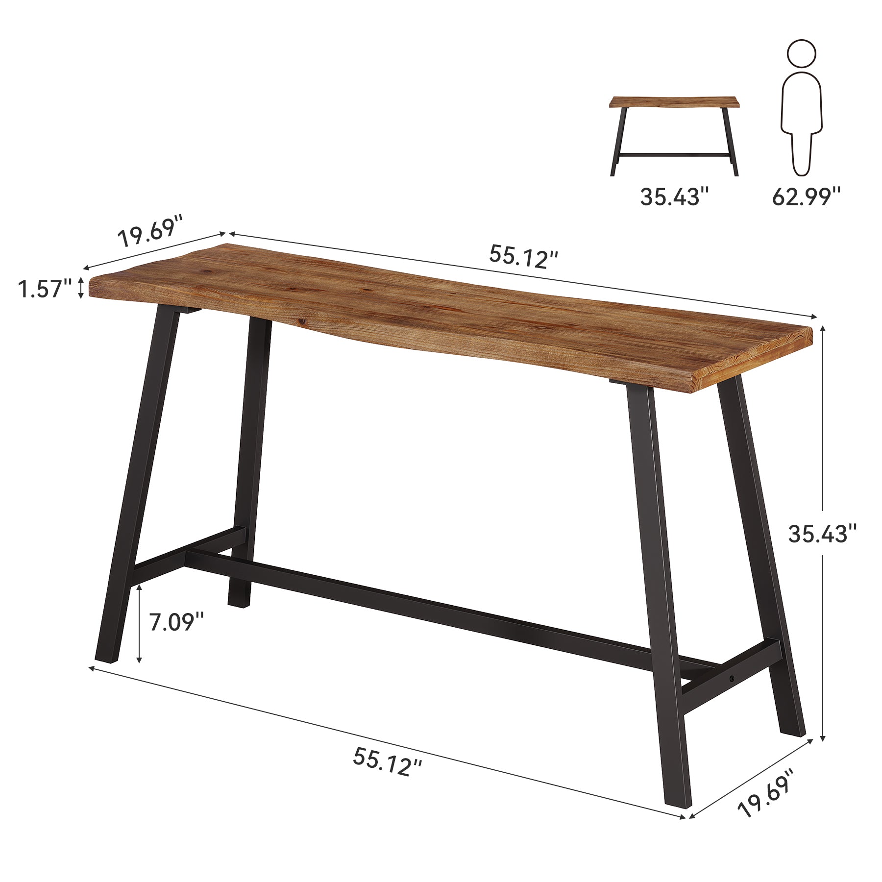 55 Inch Solid Wood Bar Table with Metal Frame and Footrest, Industrial Counter Height Pub Table for Kitchen