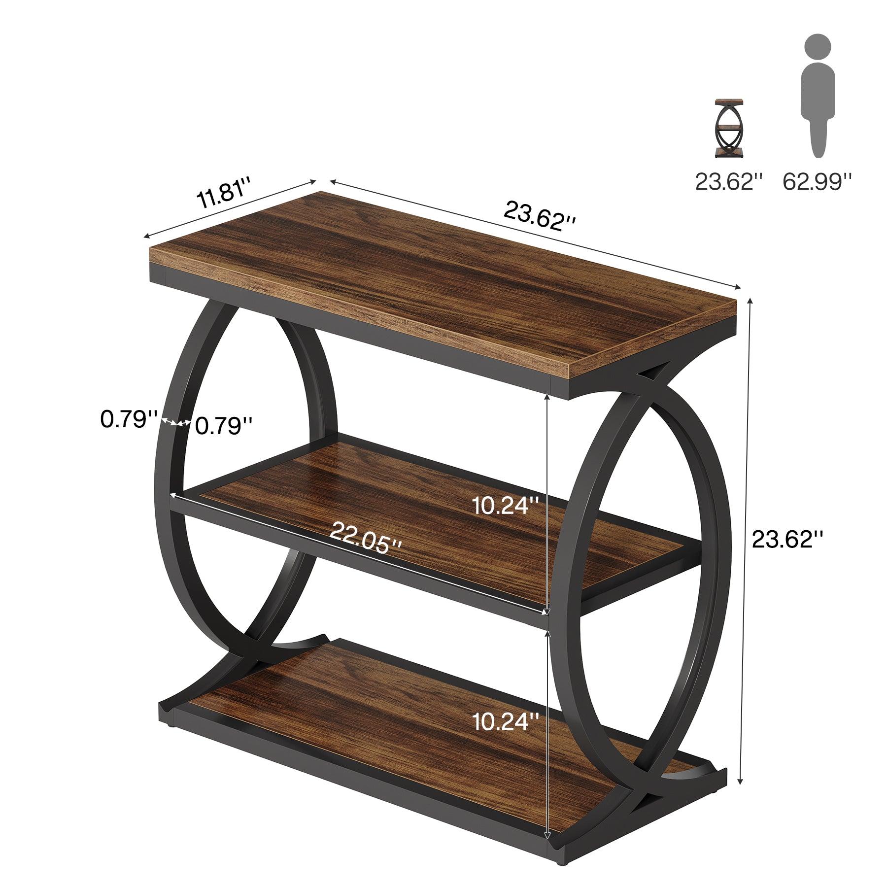 23.62" Rustic Brown Narrow End Table, 3-Tier Industrial Wood & Metal Side Table for Small Space