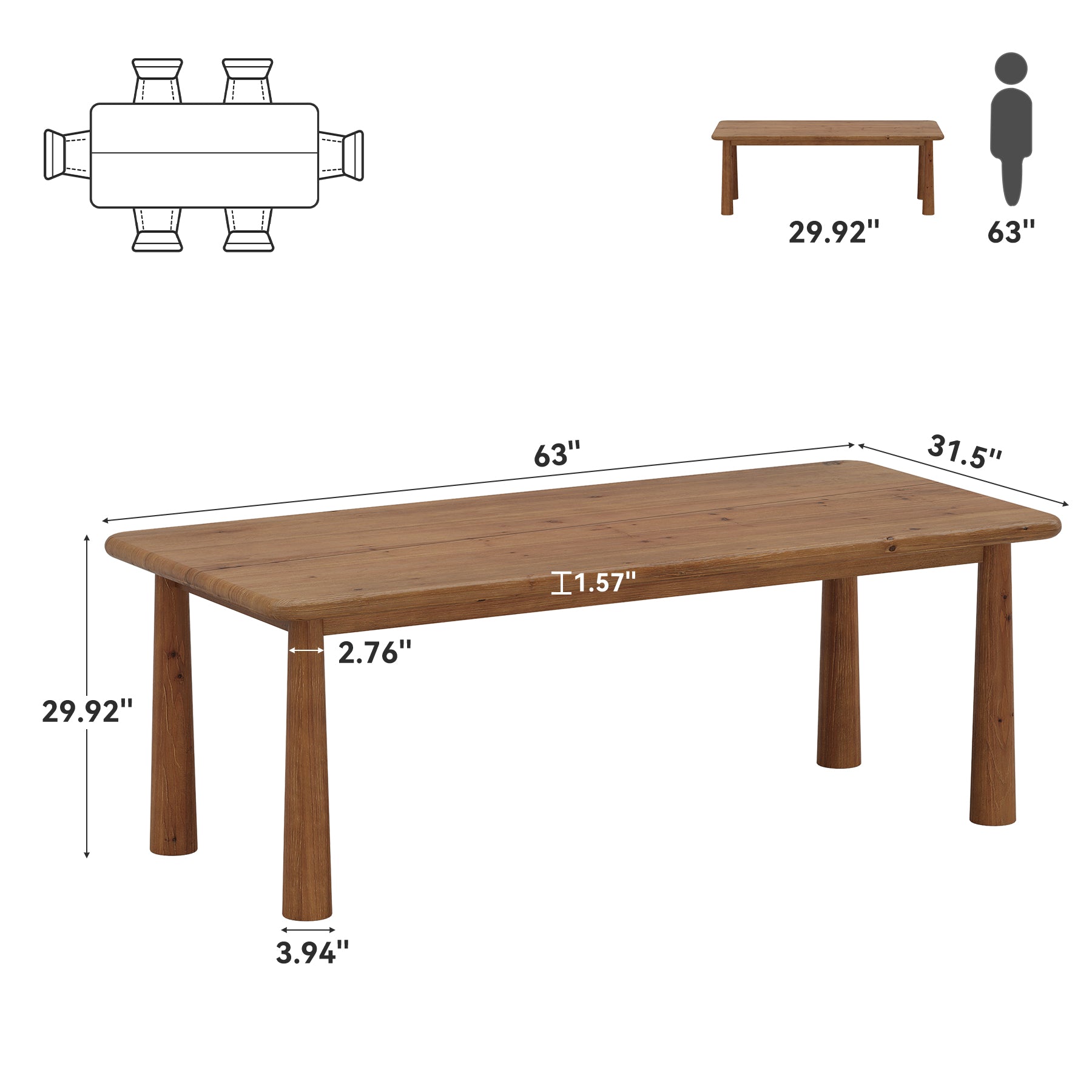 63-Inch Solid Wood Dining Table for 4 to 6 People, Farmhouse Rectangular Kitchen Table with 400 lb Capacity for Dining Room and Kitchen