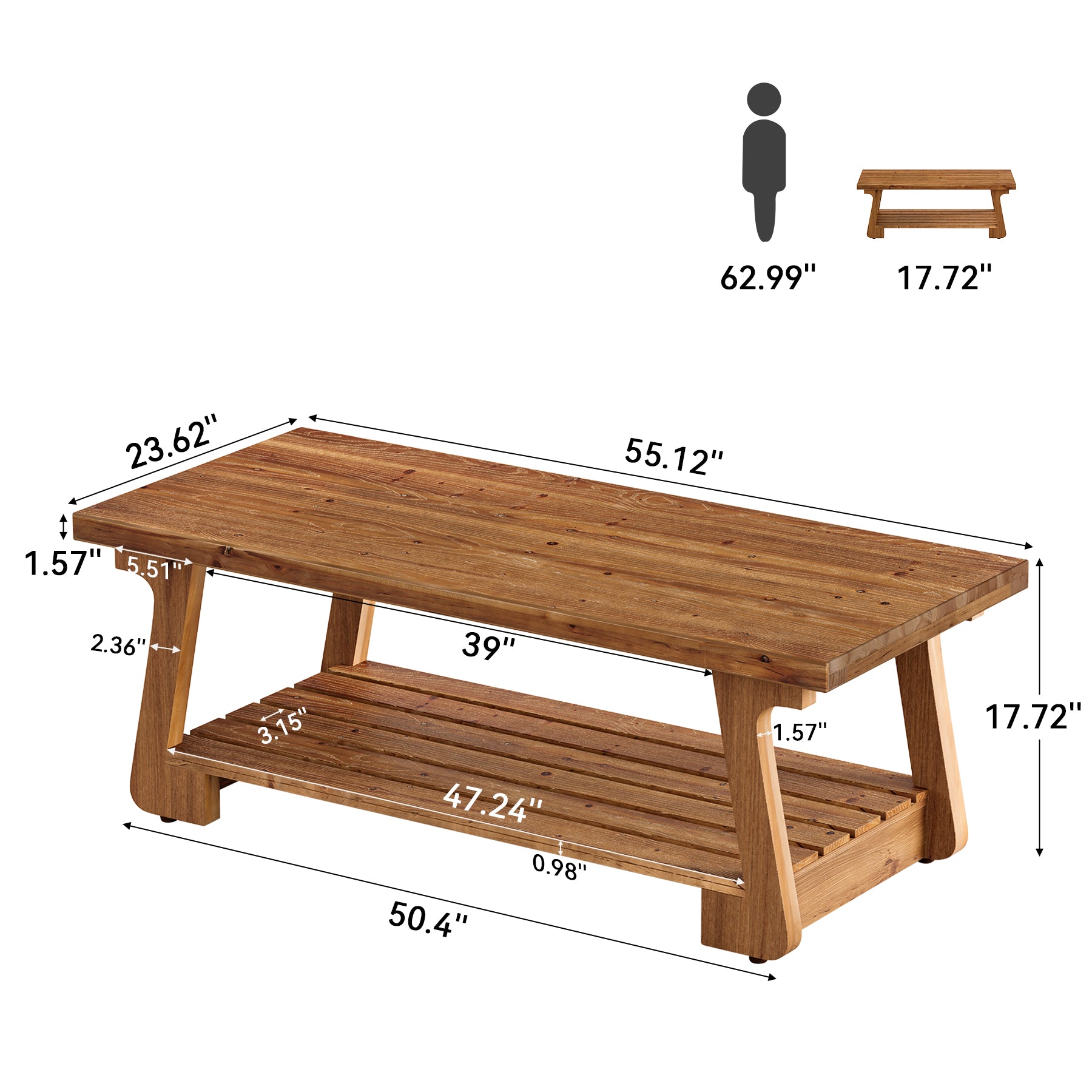 Tribesigns 55-Inch Solid Wood Coffee Table, 2-Tier Storage Shelf Farmhouse Table for Living Room