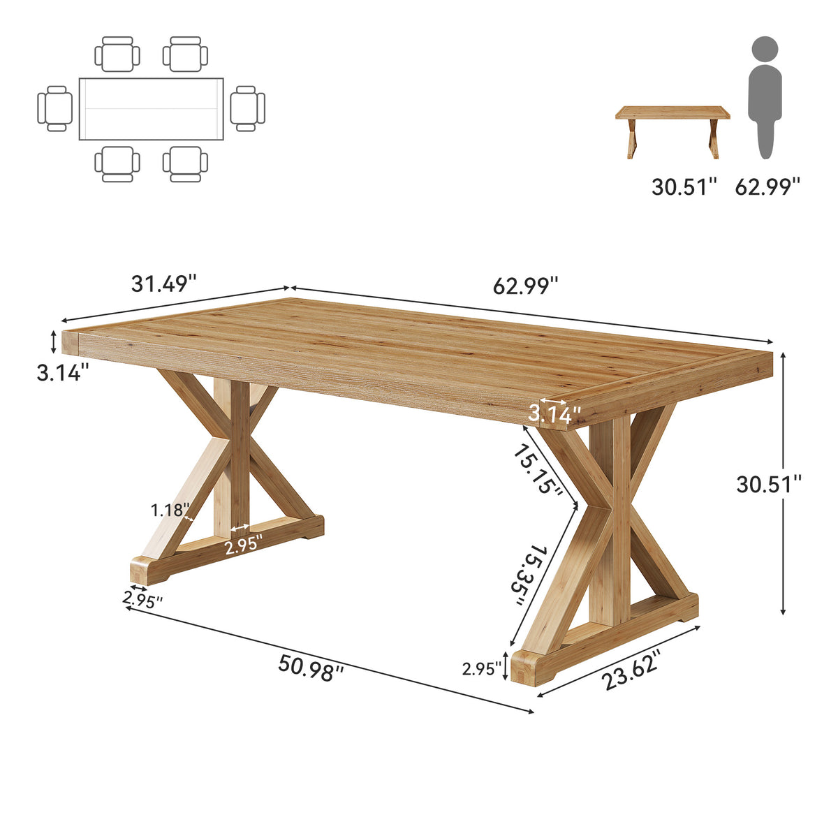 63 Inch Solid Wood Dining Table for 4-6, Farmhouse Kitchen Table with X-Shaped Legs for Dining Room