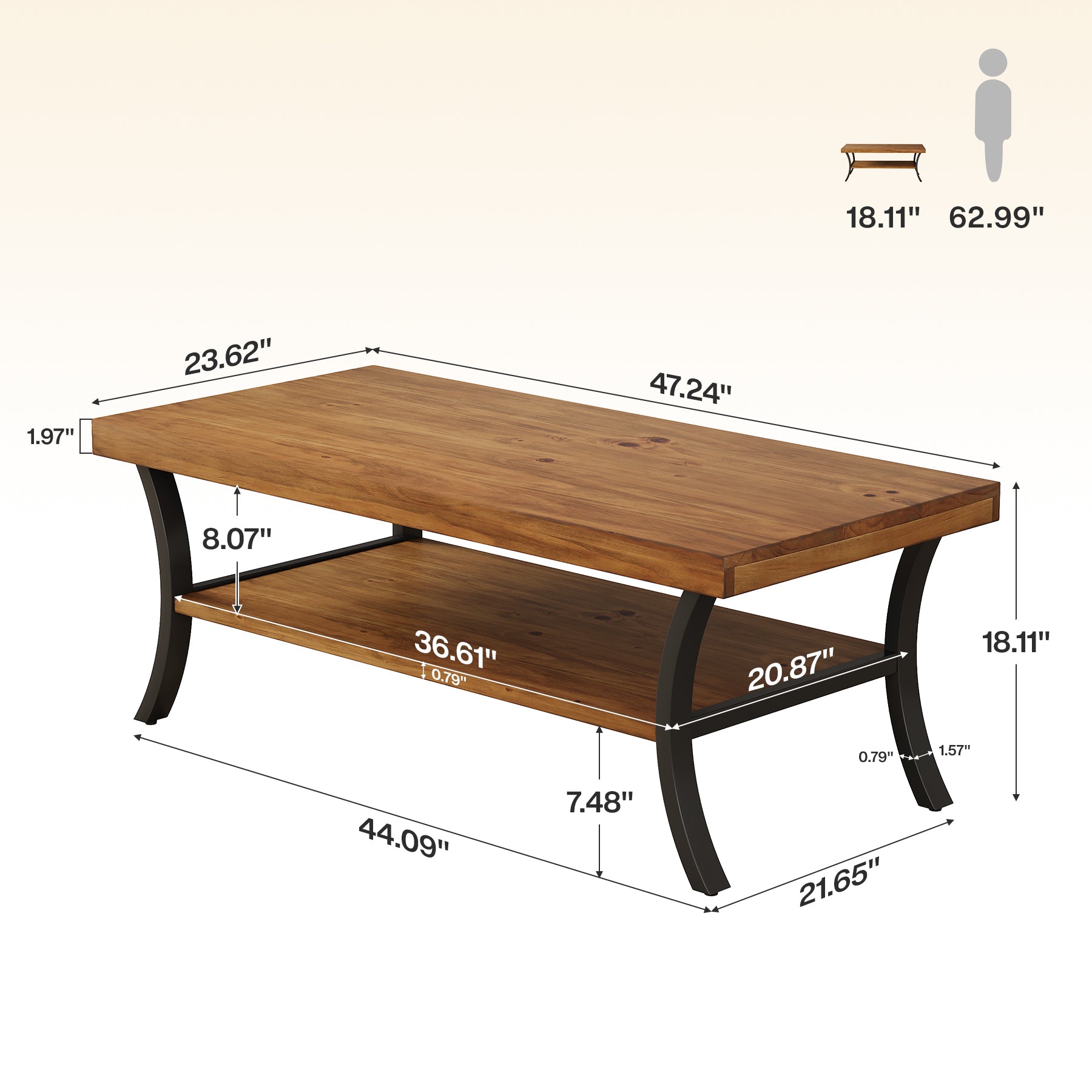 47 Inch Solid Wood Coffee Table, 2-Tier Farmhouse Center Table with Storage Shelf and Curved Metal Legs