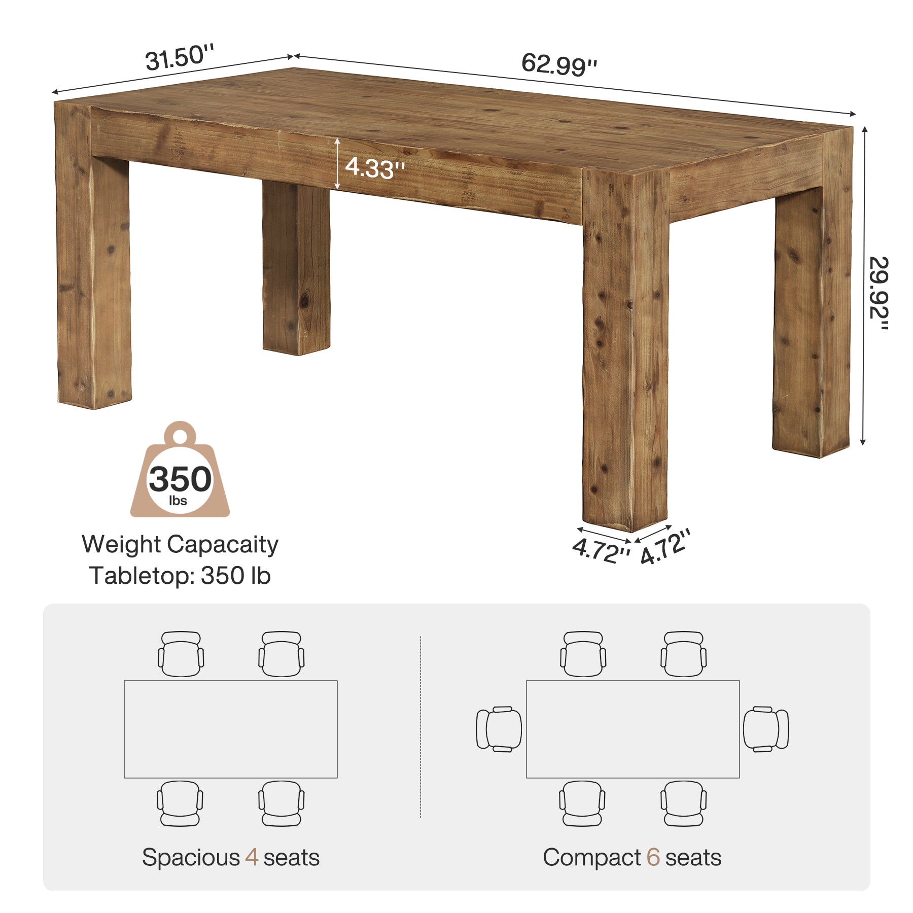 Tribesigns 63" Solid Wood Executive Desk, Rustic Computer Desk for Home Office (Only Table)