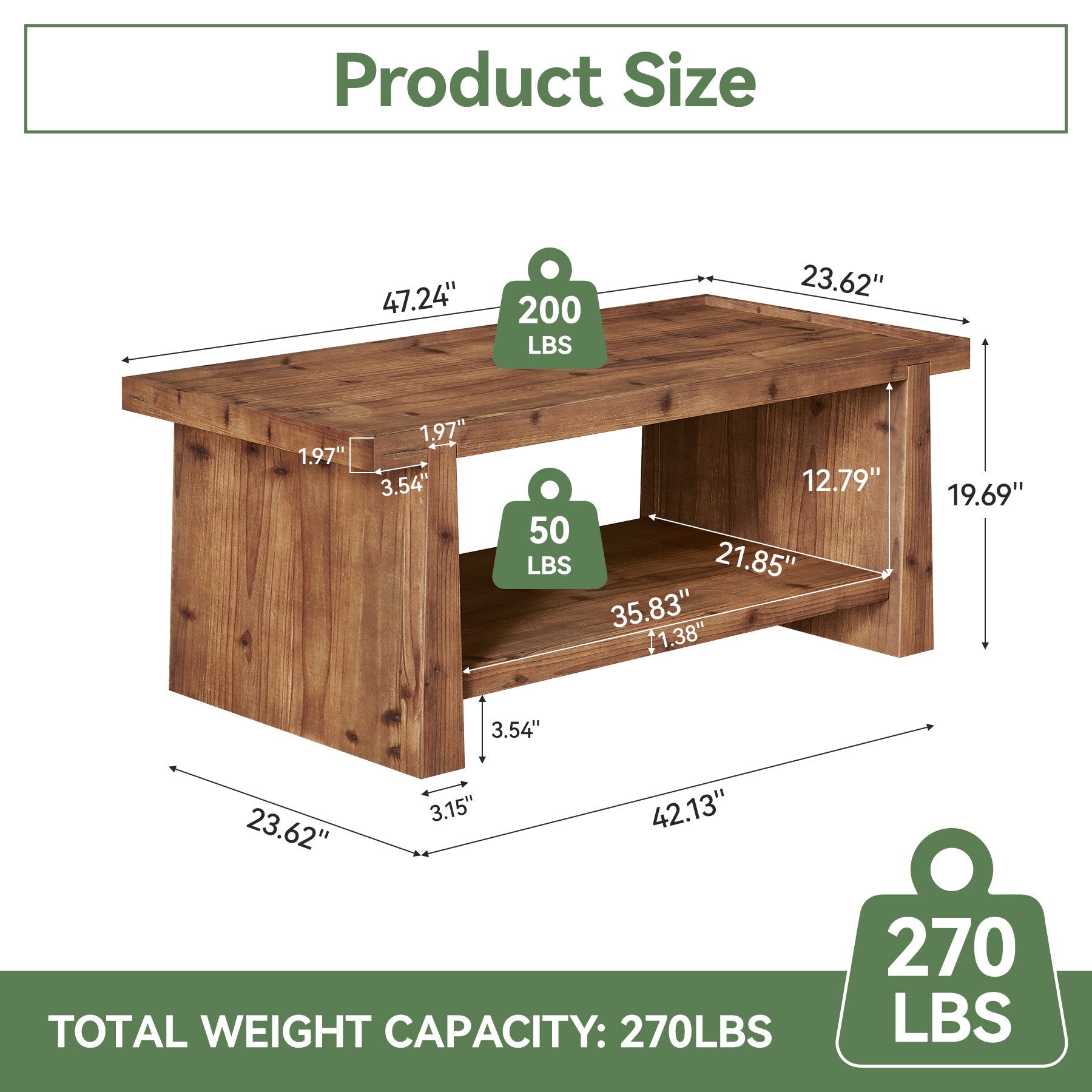 47.24"  Solid Wood Coffee Table with Raised Edge, Rustic Farmhouse 2 Tier Center Table