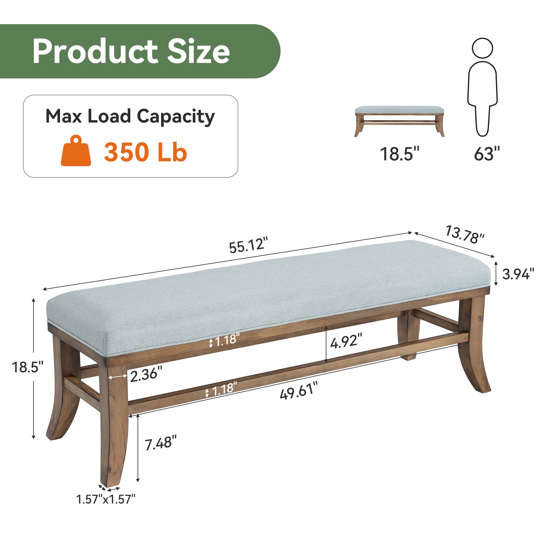 Tribesigns 55-Inch Upholstered Bench, Solid Pine Wood Frame with Cushion for Bedroom Entryway