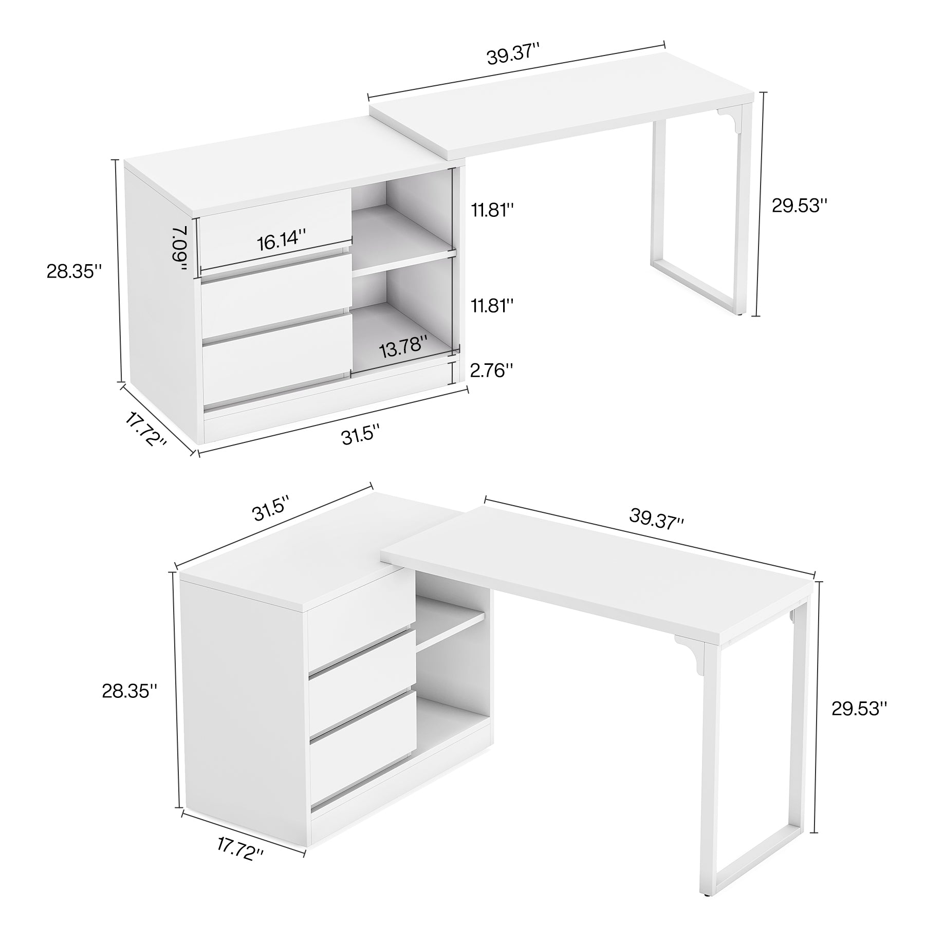 Tribesigns Vanity Desk with 3 Drawers and 2 Shelves, Matte White Makeup Table with Reversible Storage Cabinet for Bedroom