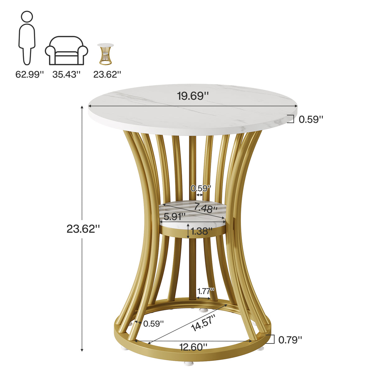 Tribesigns 20" Round End Table with 2-Tier Storage, White Faux Marble Side Table for Living Room