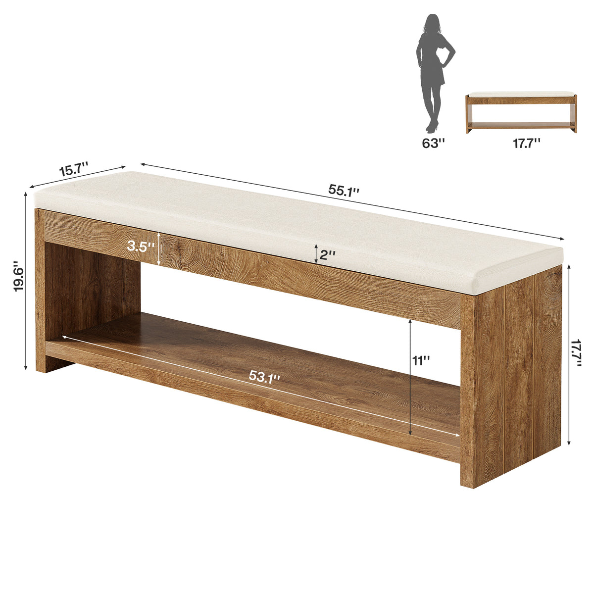 Tribesigns 55.1" Entryway Bench with Cushion and Shoe Storage, Upholstered Shoe Bench for Hallway