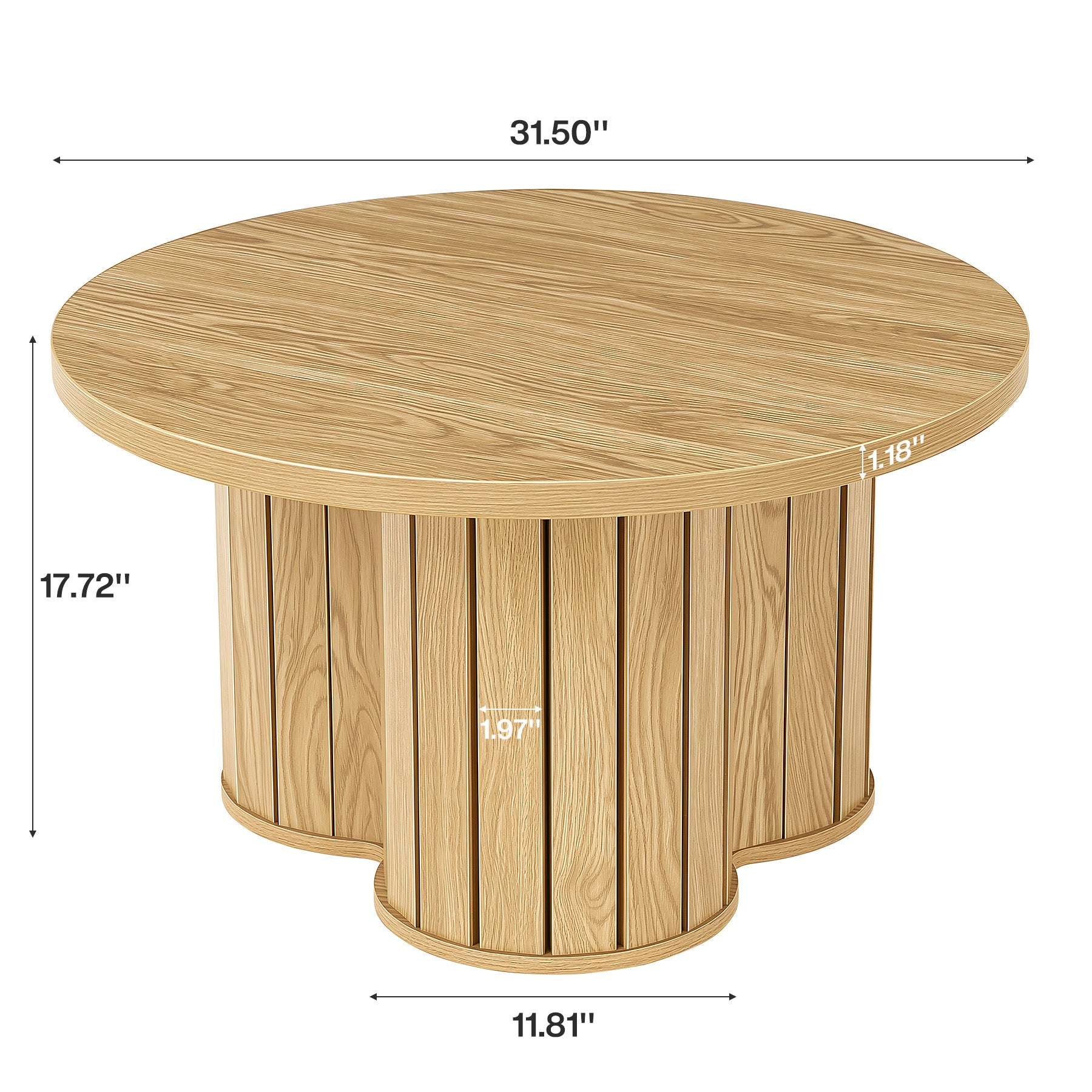 31.5-Inch Round Coffee Table, Wooden Circle Center Table with Fluted Three-Lobed Base for Living Room Apartment