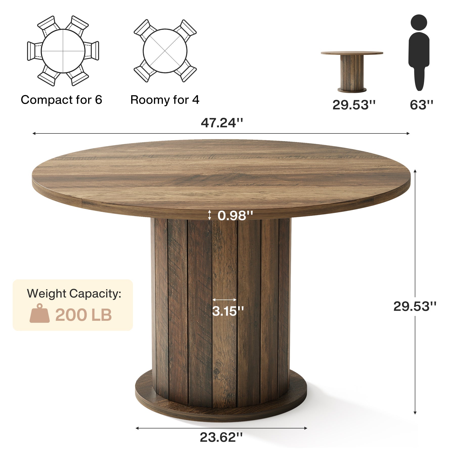 47.24-Inch Round Conference Table with Pedestal Base, Farmhouse Meeting Table for 4 to 6 People