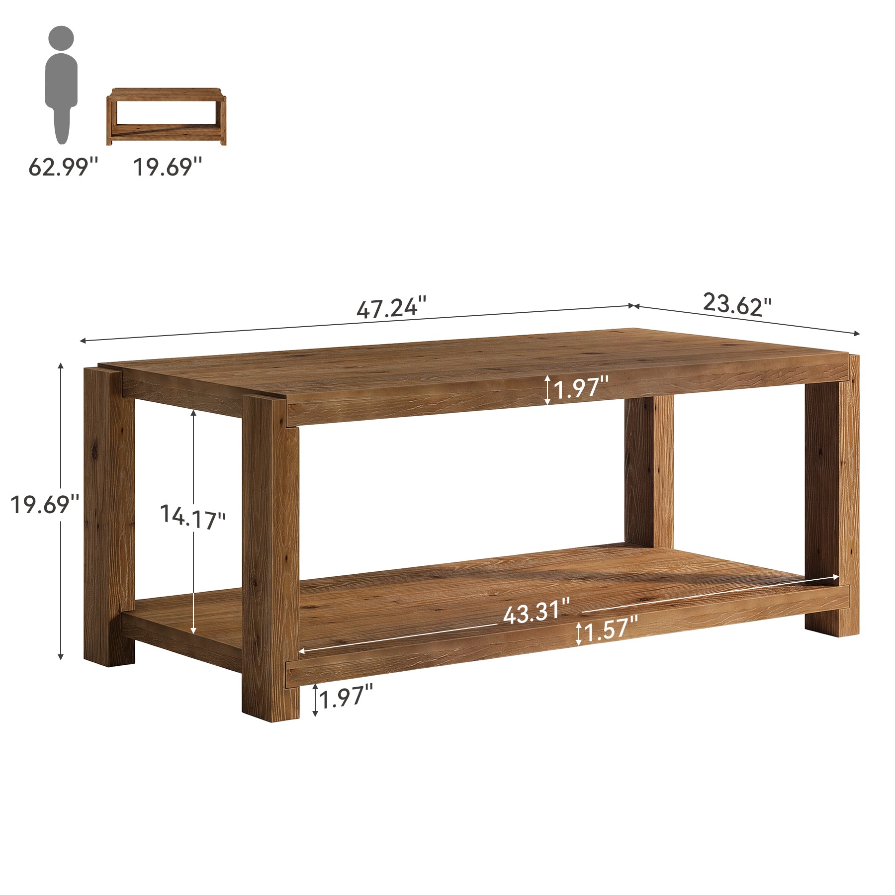 Tribesigns 47-Inch Solid Wood Coffee Table, 2-Tier Farmhouse Cocktail Table with Storage Shelf