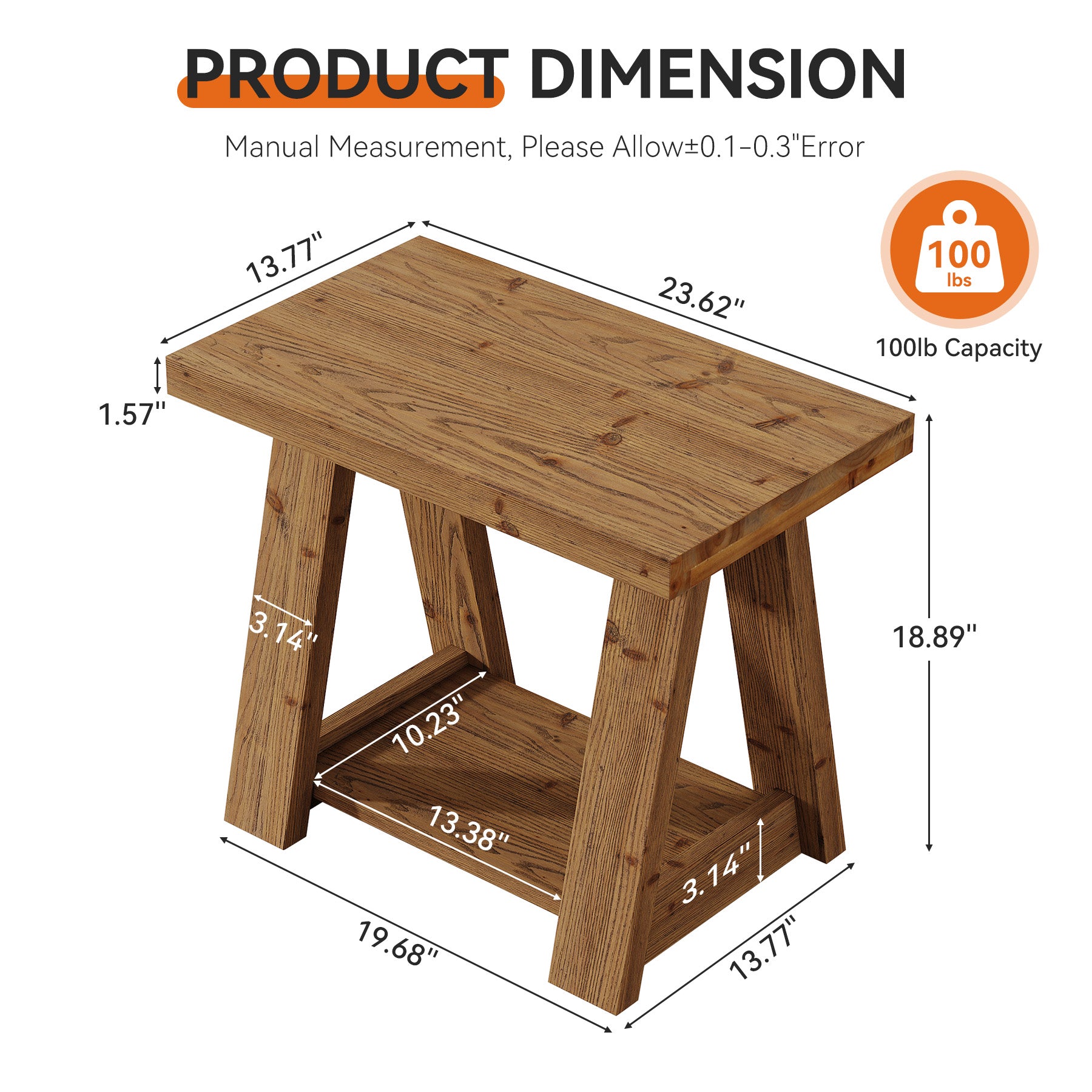 23.62 Inch Solid Wood End Table with 2-Tier Storage Shelves, Farmhouse Side Table for Living Room