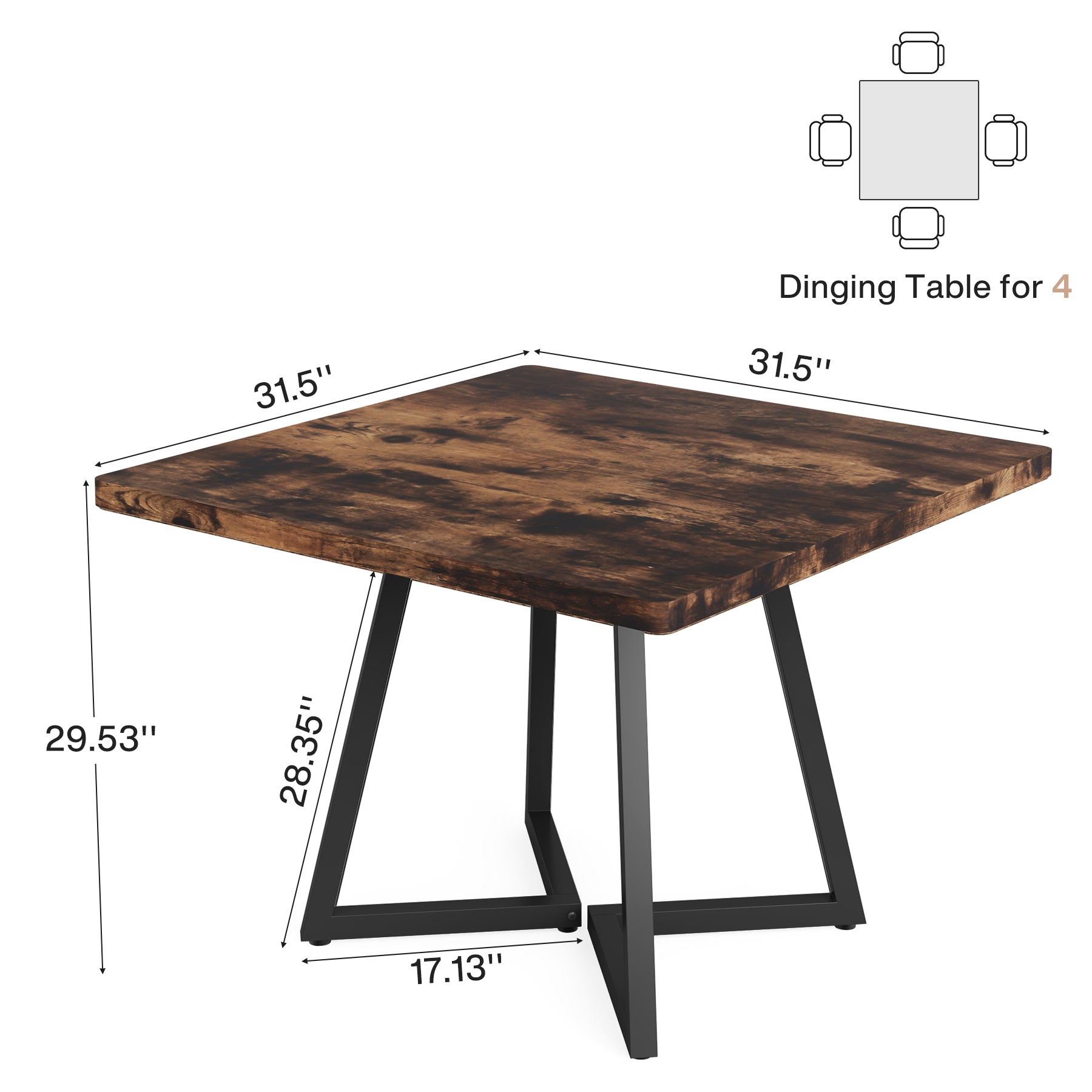 31.5" Square Dining Table, Wood Kitchen Table for 4