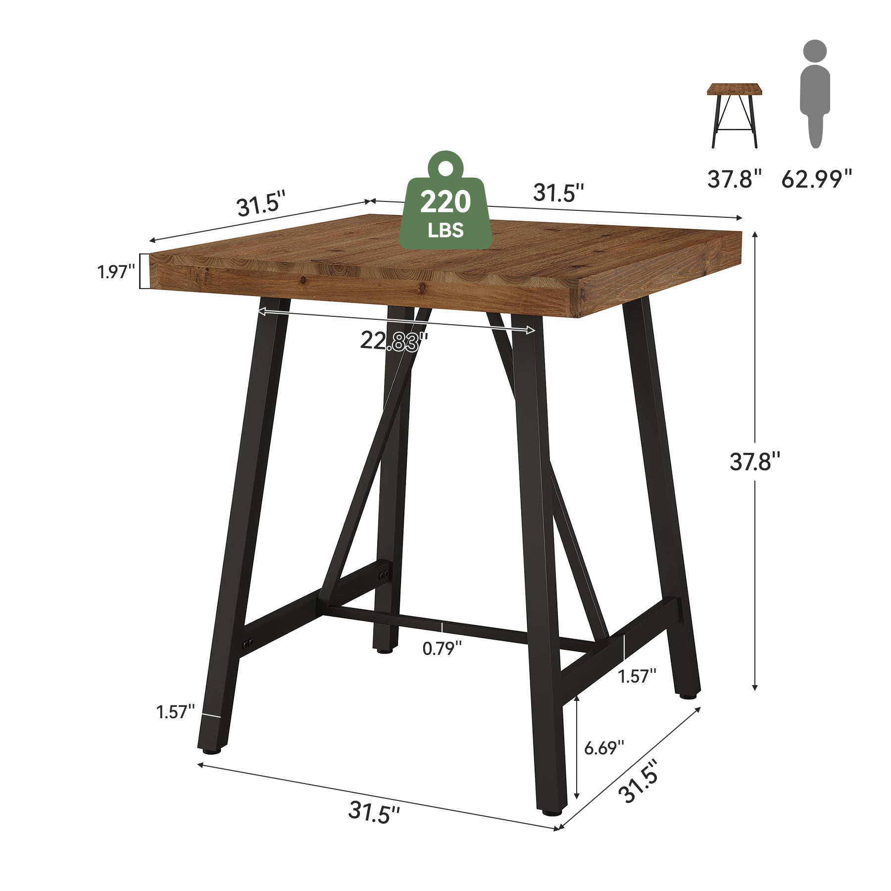 Tribesigns 31.5-Inch Square Bar Table with Solid Wood Top and Metal Footrest, Industrial Pub Table for Home Bar Kitchen and Cafe