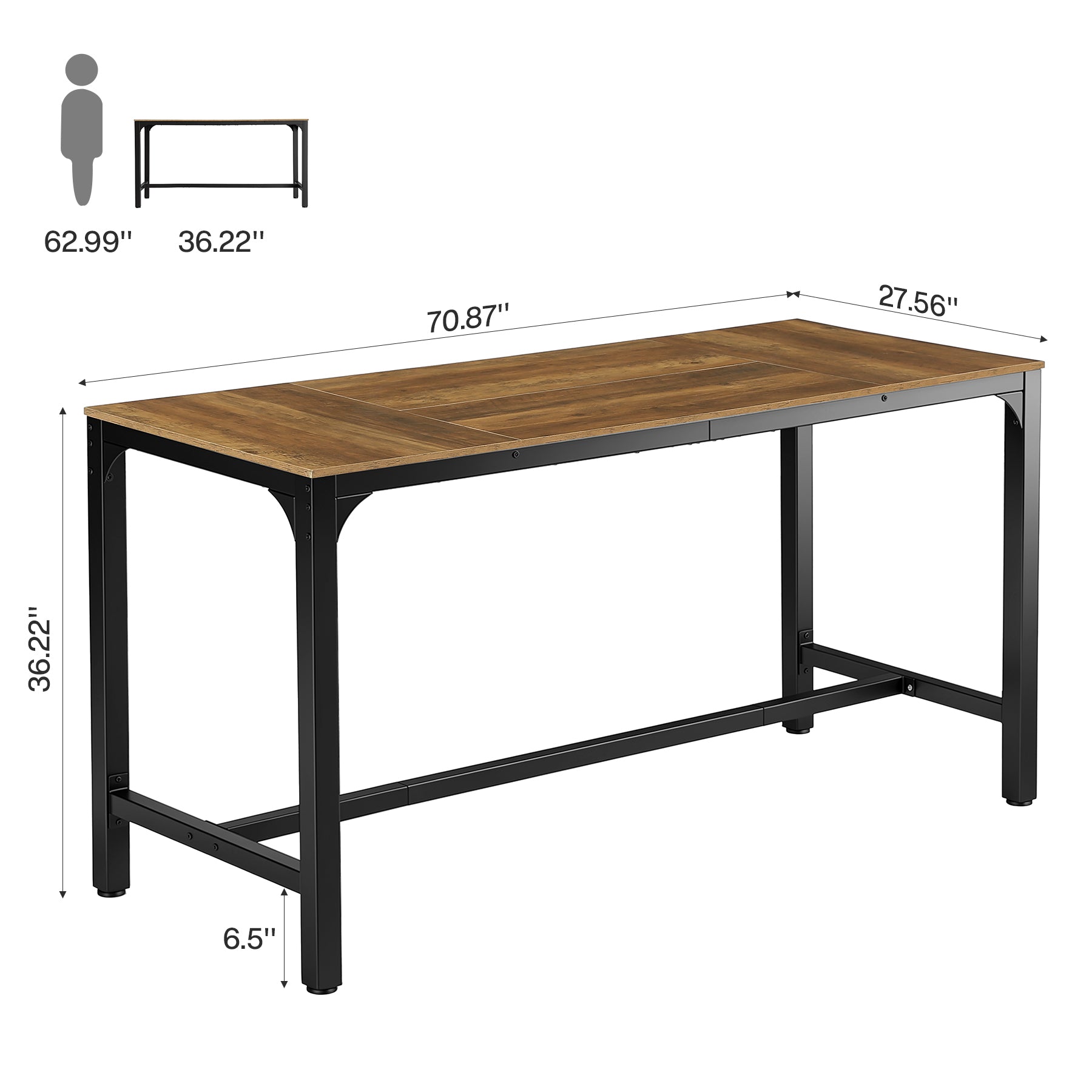 70.9 Inch Industrial Bar Table with Metal Footrest, Counter Height Pub Table for Dining Room and Home Bar