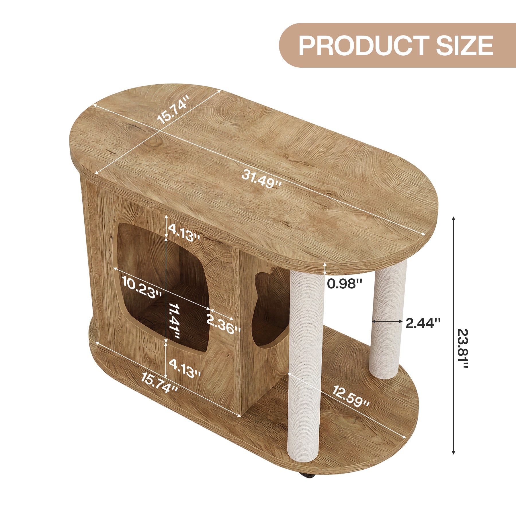 31.5-Inch End Table with Cat Scratching Posts, Wooden Cat Condo with Bed for Living Room