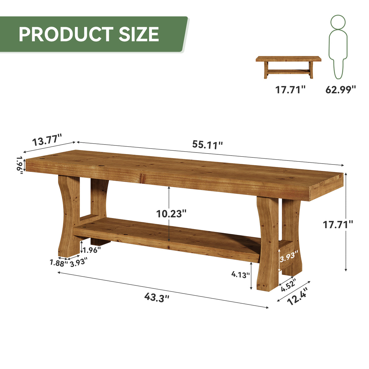 55.1 Inch Solid Wood Hallway Bench with Storage Shelf, Farmhouse Shoe Bench for Entryway