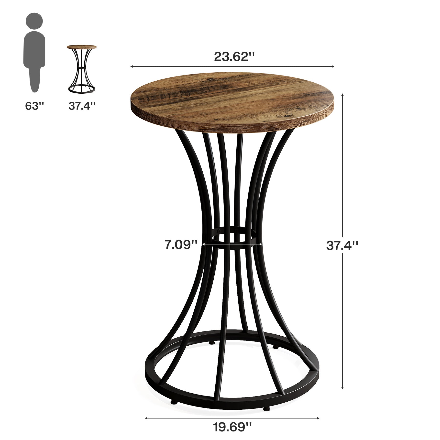 37.4" Round Bar Table for Two, Cocktail Table with Curved Metal Base in Black
