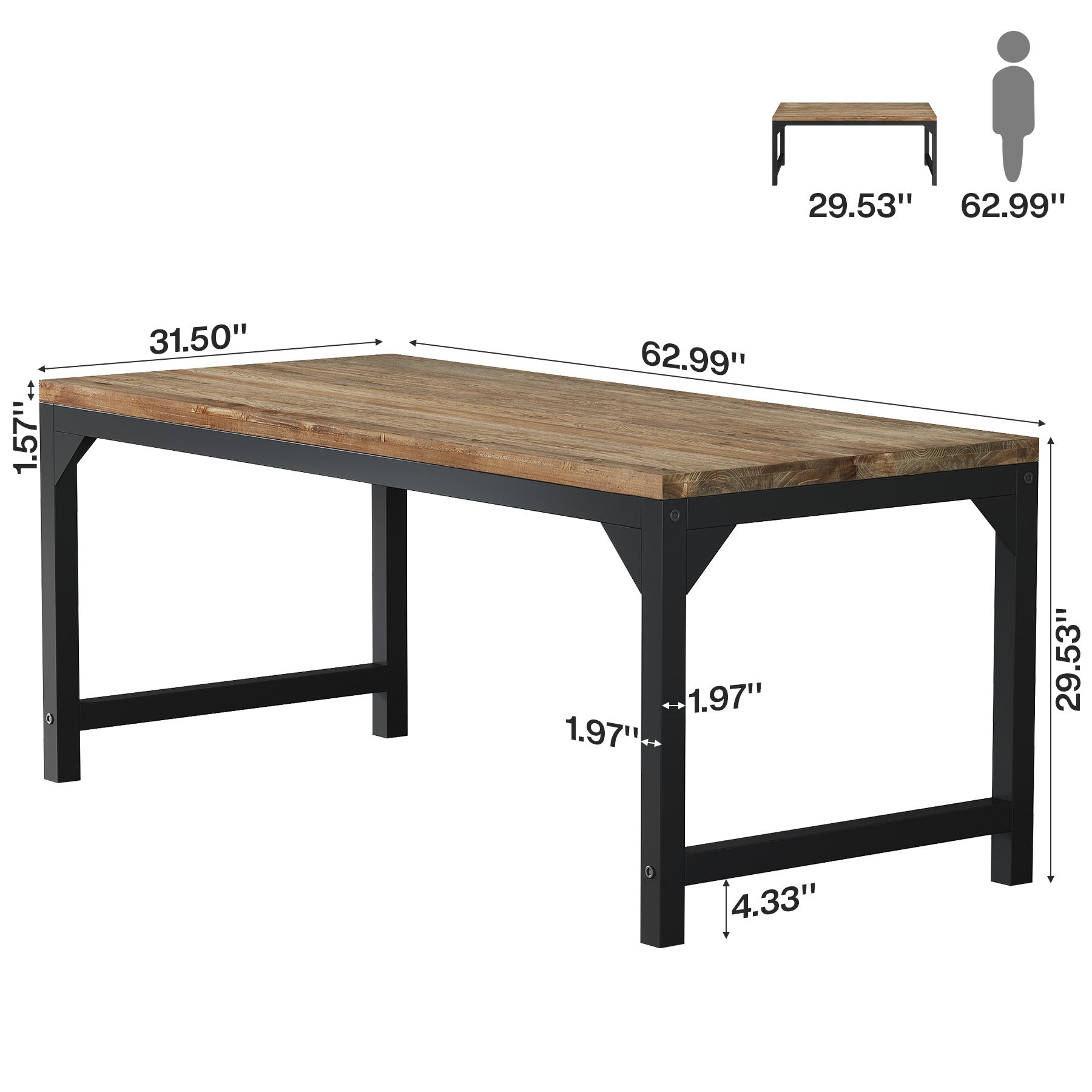 63-Inch Solid Wood Office Desk with Metal Frame and 800 lb Capacity, Heavy-Duty Computer Desk for Home Office