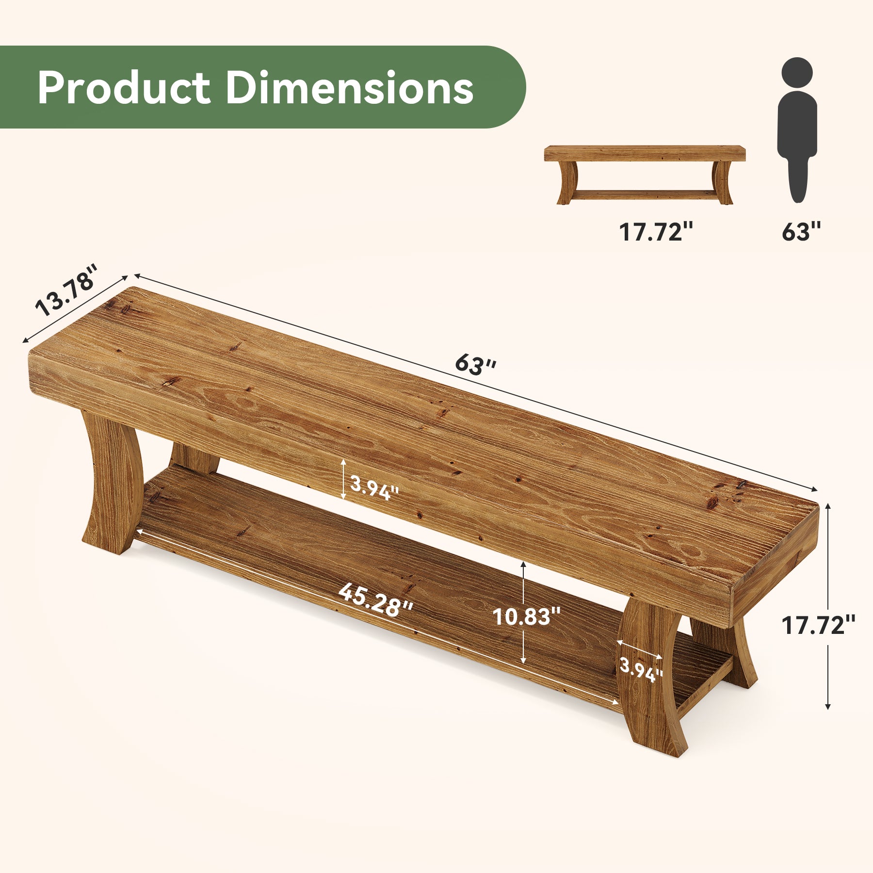 63-Inch Solid Fir Wood Storage Bench with Curved Legs, Farmhouse Bench for Hallway