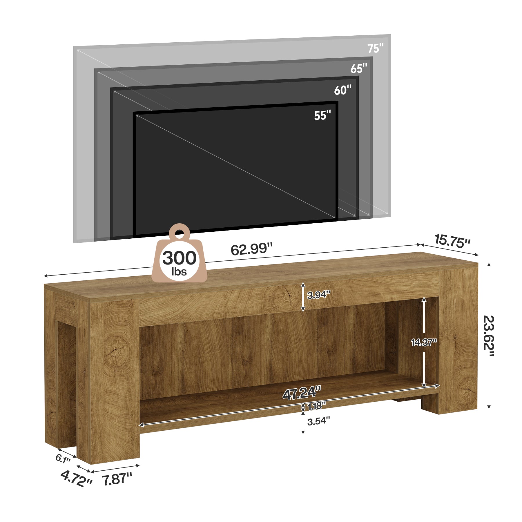 63-Inch TV Stand for 55 to 75-Inch TVs with Open Storage Shelves, Rustic Media Console Table for Living Room