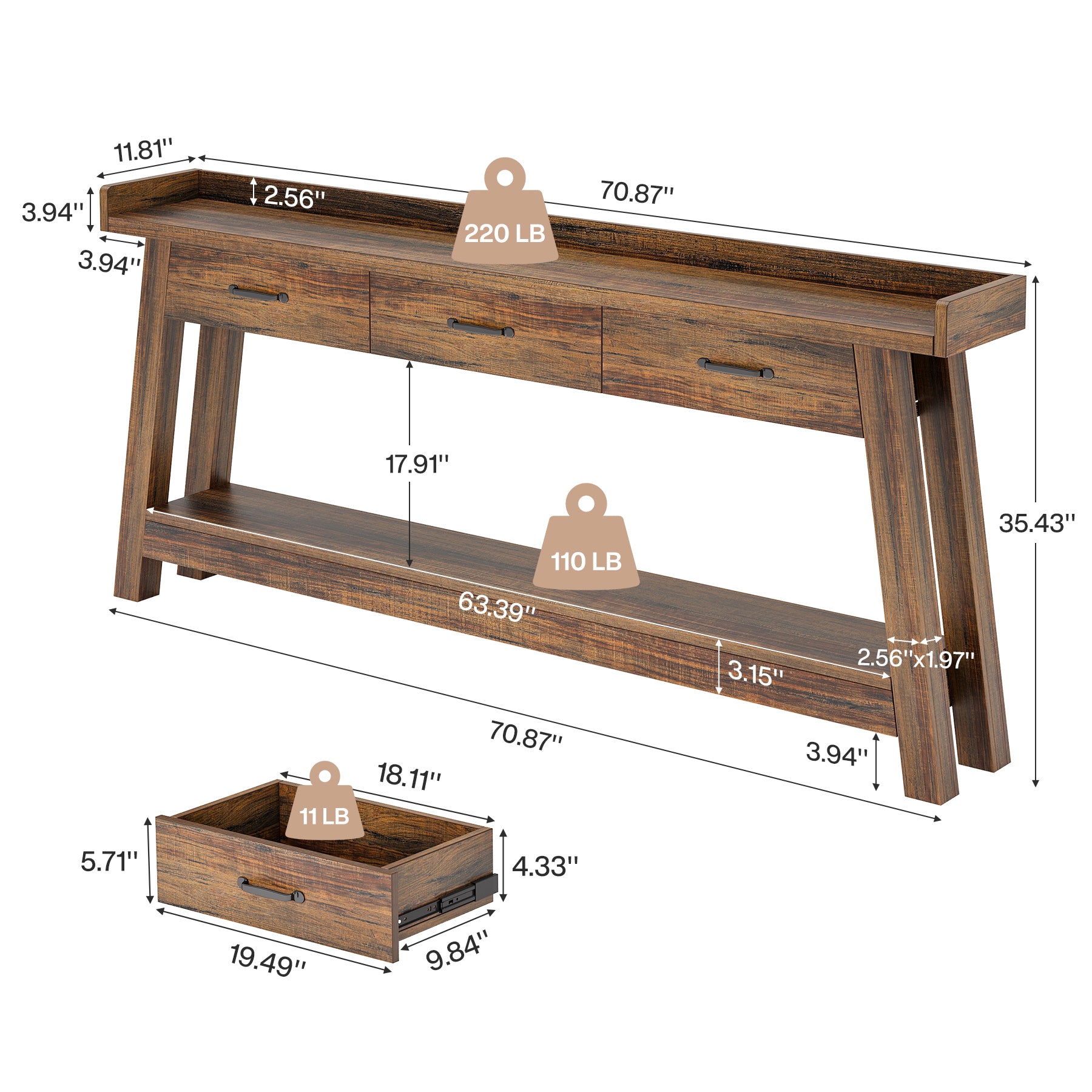Tribesigns 70.9 Inch Extra Long Console Table with 3 Drawers, 2-Tier Sofa Table for Living Room