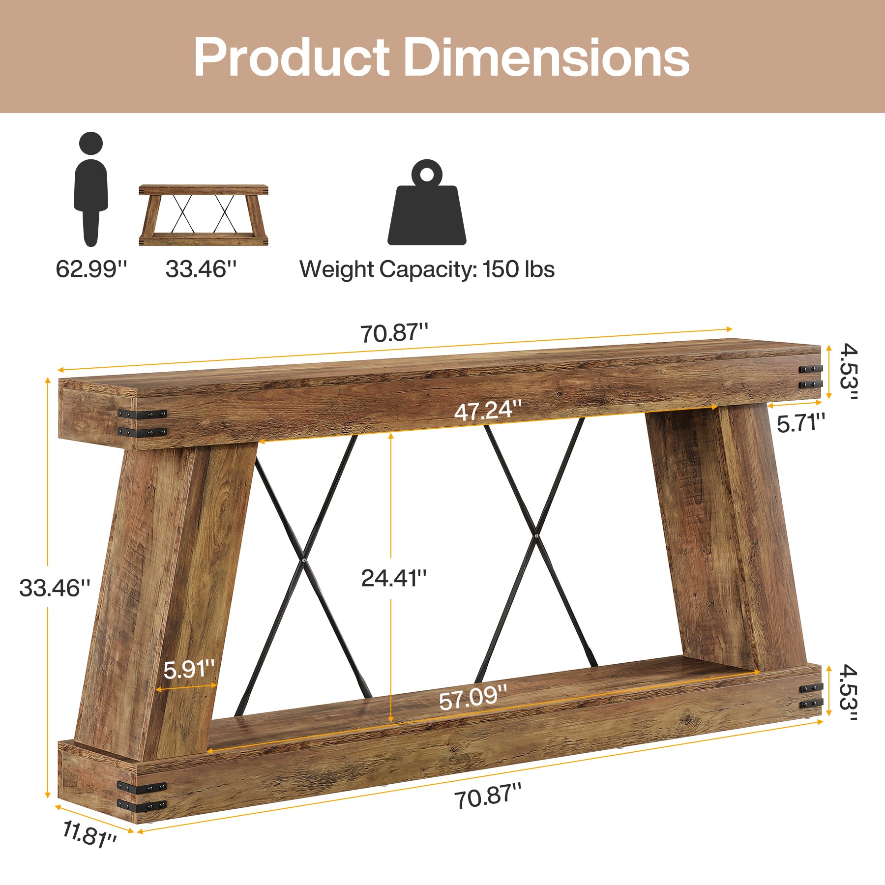 70.87" Farmhouse Console Table, Industrial Long Sofa Table with Storage for Entryway and Living Room