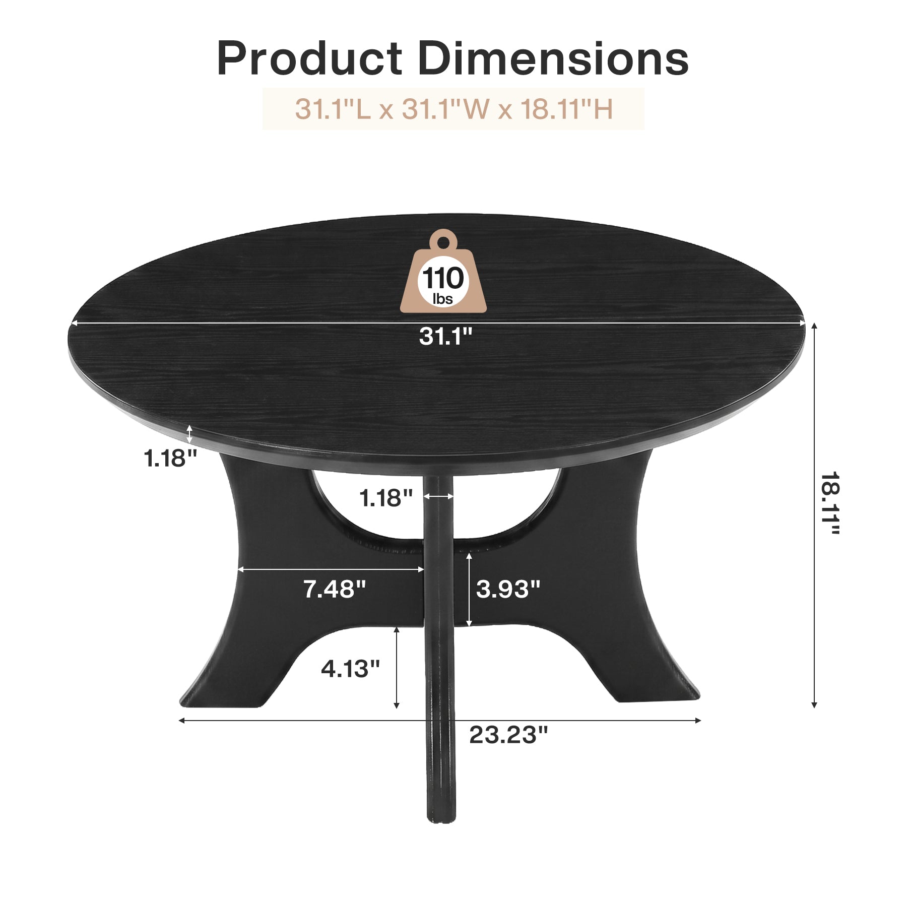 Tribesigns 31.1 Inch Round Coffee Table with Cross Base, Modern Black Table for Living Room