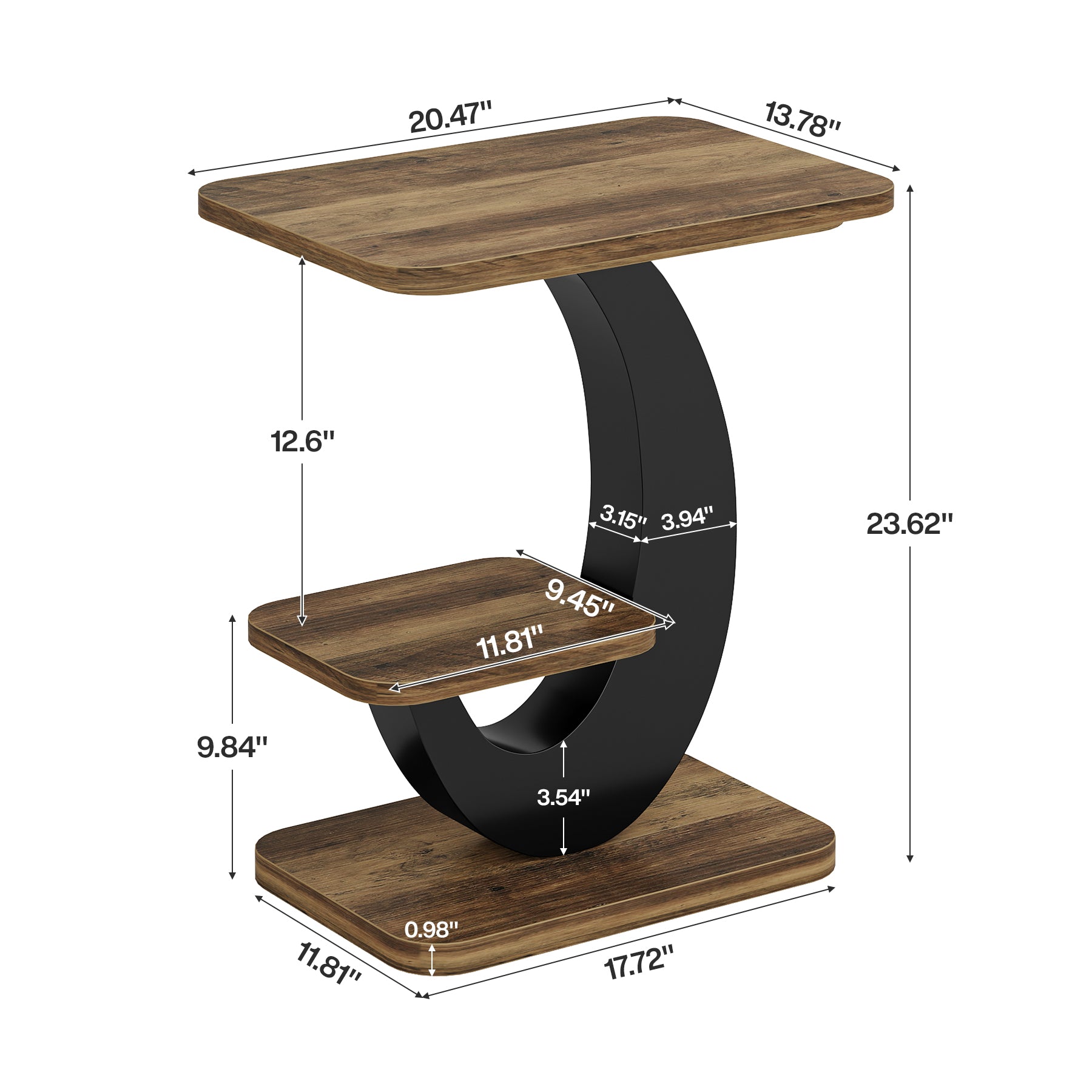 23.6-Inch 2-Tier Narrow End Table with Storage Shelf, Industrial Side Table Nightstand for Living Room