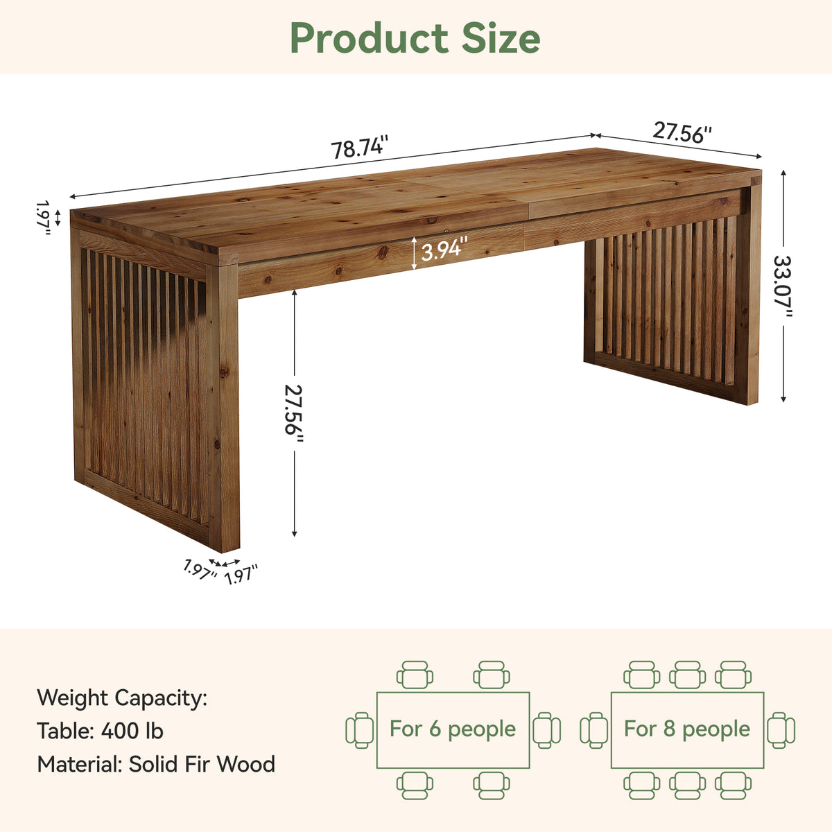 Tribesigns 79" Solid Wood Dining Table with Mission-Style Legs, Large Farmhouse Table for 6-8