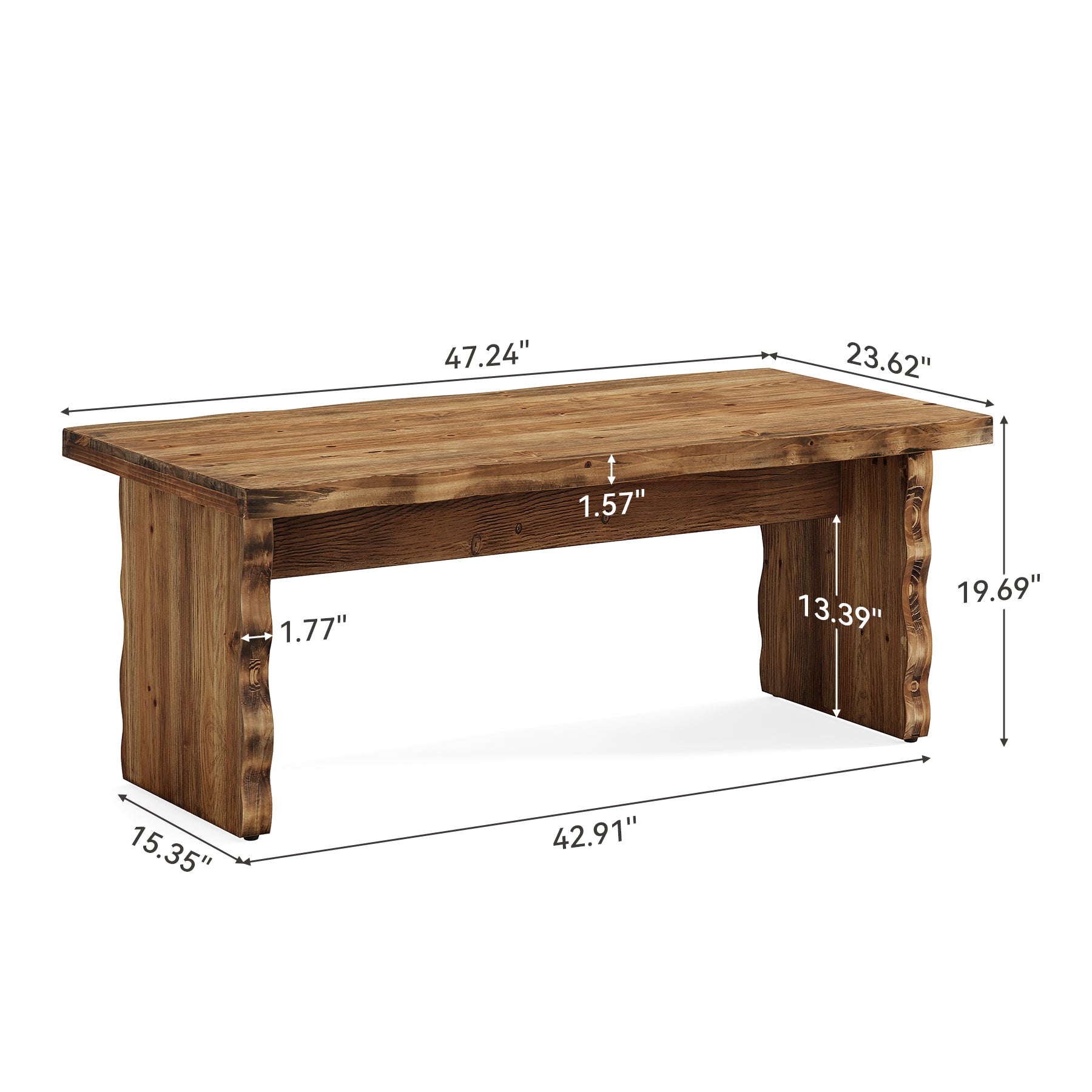 47 Inch Solid Wood Coffee Table, Farmhouse Rectangular Center Table with Natural Wave Edge