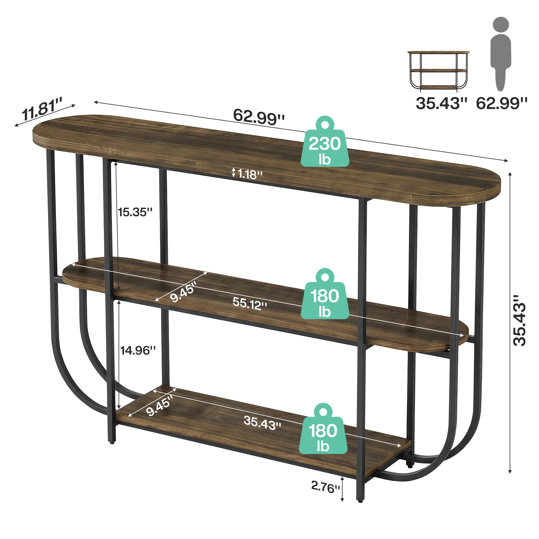 Tribesigns 63-Inch 3-Tier Narrow Console Table with Curved Metal Frame, Modern Vintage Entryway Sofa Table for Living Room