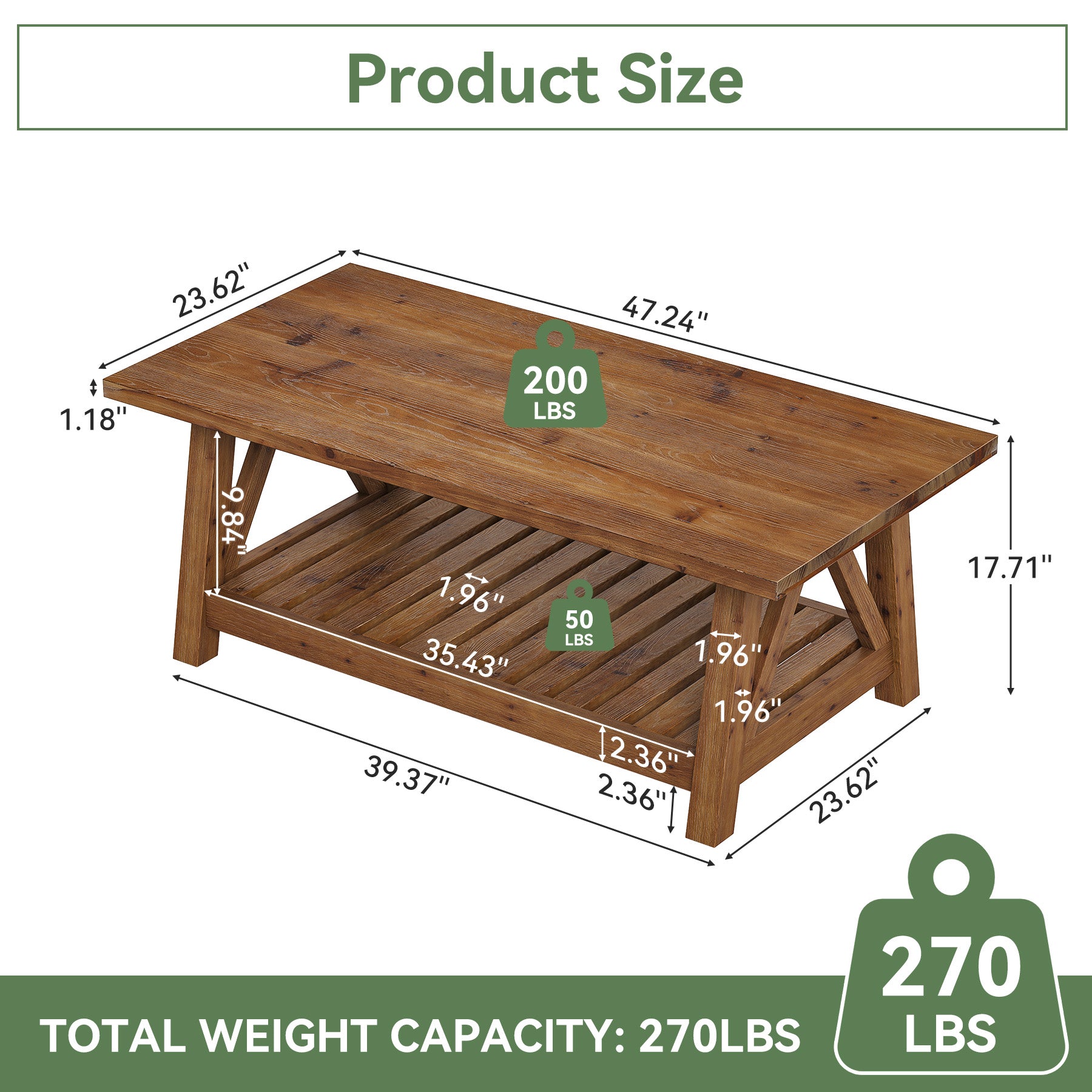 Tribesigns 47.24-Inch Solid Wood Coffee Table, Farmhouse 2-Tier Storage Table for Living Room