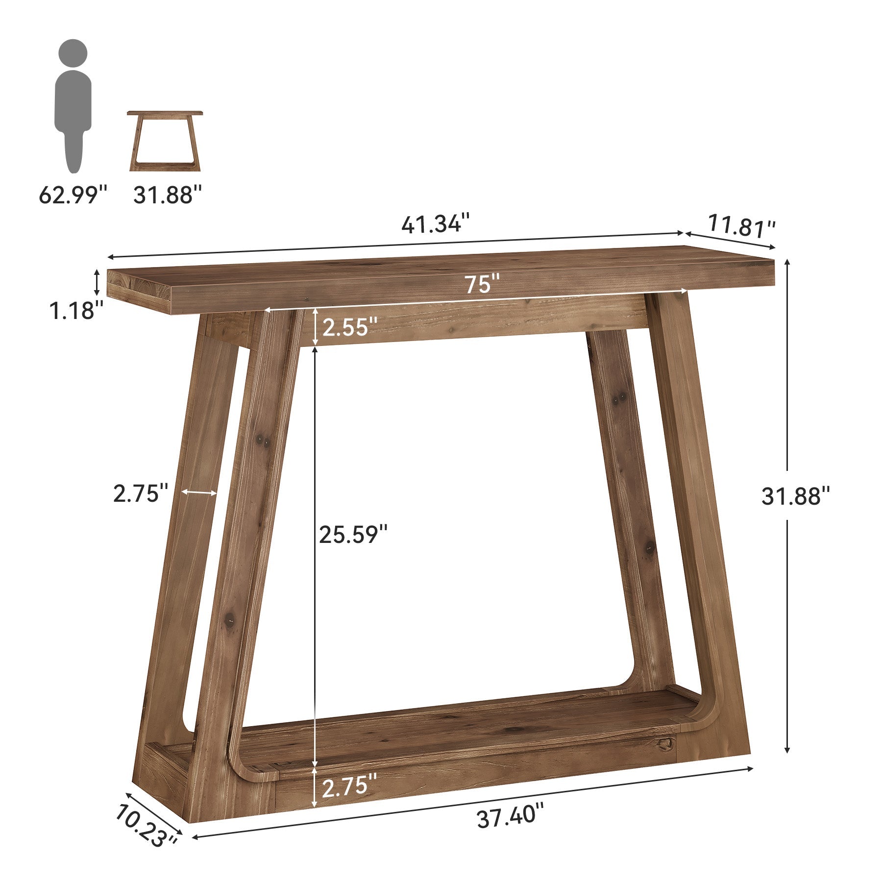41.34-Inch Solid Wood Console Table with 2-Tier Storage Shelf, Narrow Entryway Sofa Table for Hallway and Behind Couch