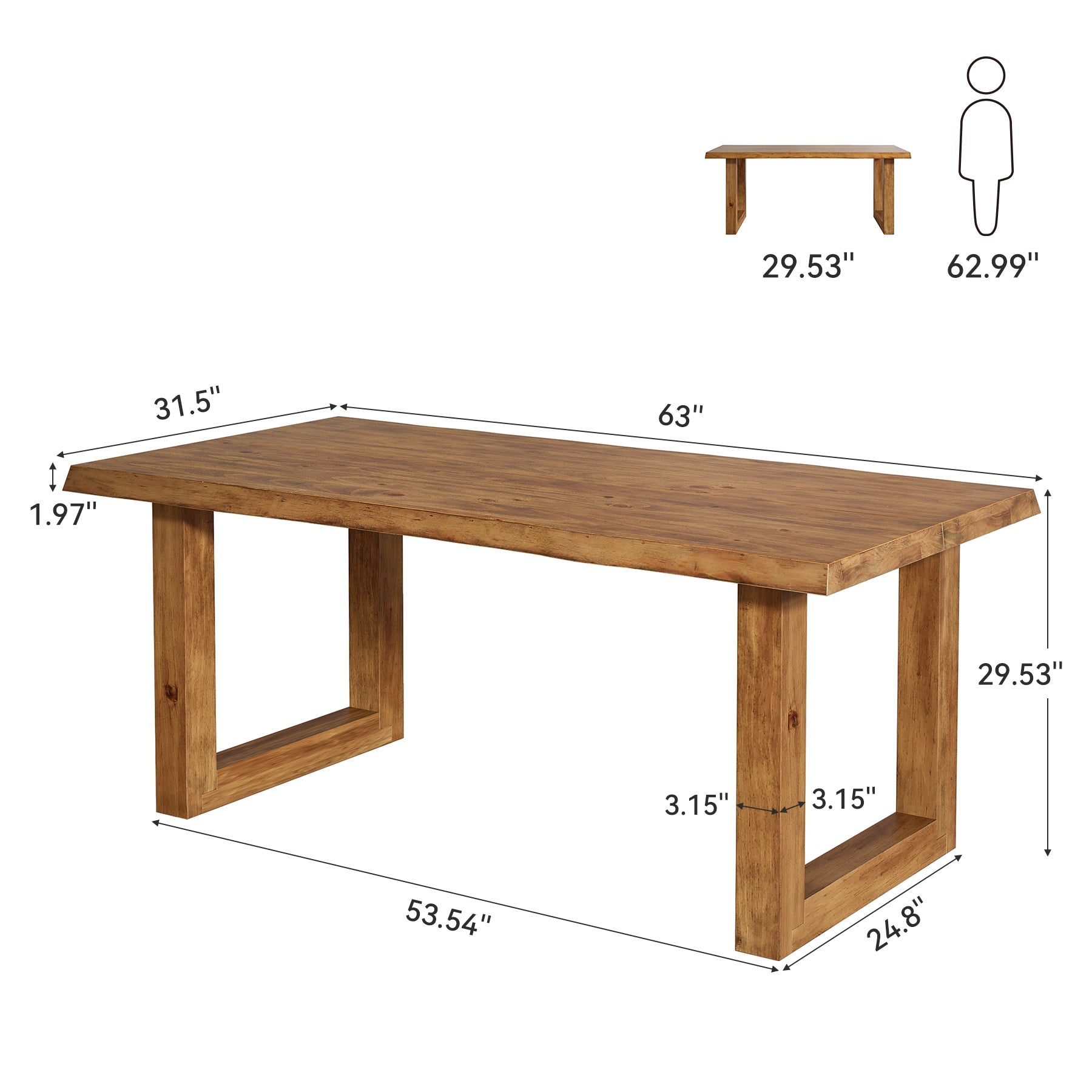 63-Inch Solid Wood Computer Desk with Live Edge Top, Rectangular Executive Desk for Home Office