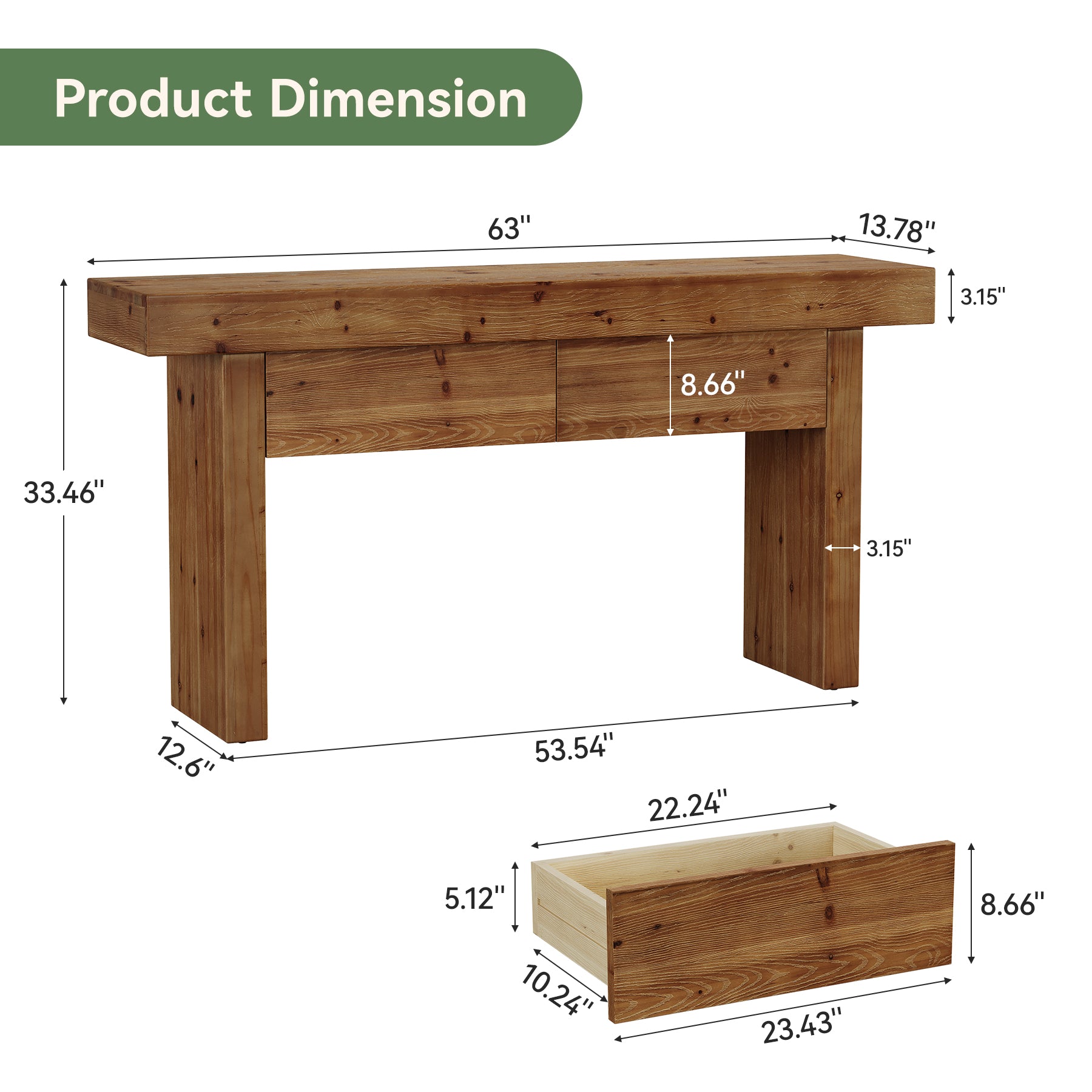 63 Inch Fir Wood Console Table with 2 Hidden Drawers, Narrow Entryway Table for Hallway